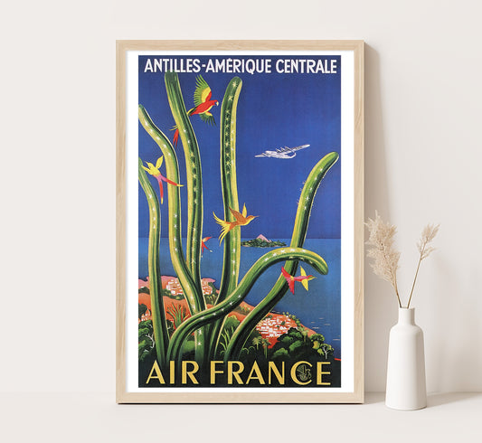 Air France to Central America, Antilles - Amerique Centrale vintage travel poster by unknown author, 1910-1955.
