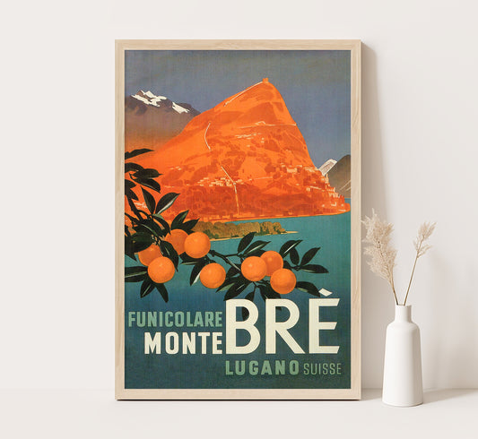 Funicular Monte Bre Lugano Lake, Switzerland vintage travel poster by unknown artist, c. 1930s.