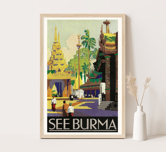 See Burma, India vintage travel poster by Percy Padden, 1930s.