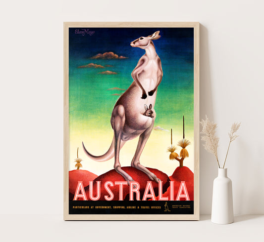 Kangaroo with her offspring, Australia vintage travel poster by Mayo Eileen, 1910-1955.