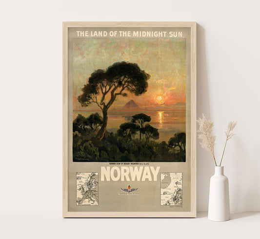 The land of the midnight sun, Norway vintage travel poster by unknown author, 1930s.
