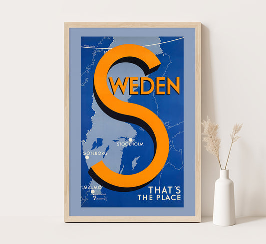 Thats The Place, Sweden vintage travel poster by The Swedish Traffic Association, c. 1935.