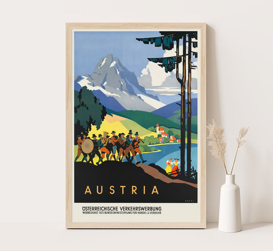 Austrian musicians by the coastline, Austria vintage travel poster by Kosel, 1910-1959.