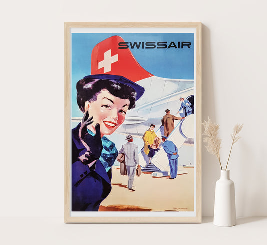 Swissair aviation poster, Switzerland vintage travel poster by unknown author, 1930s.