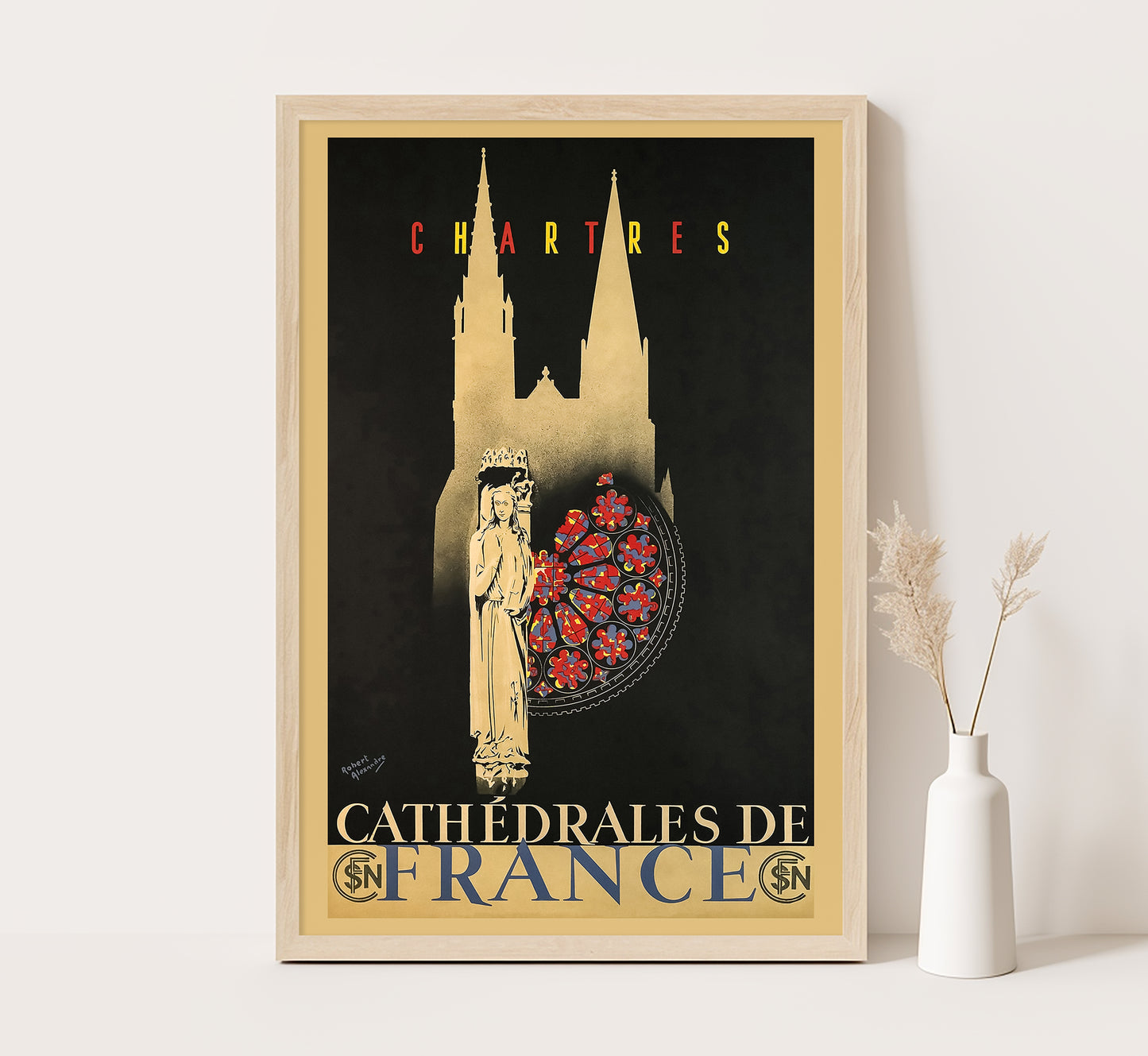 Chartres Cathedral, France vintage travel poster by Robert Alexandre, 1938.