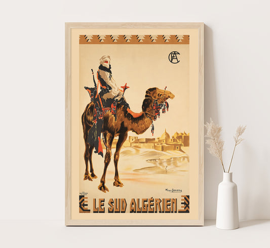 Bedouin on Camel, Algeria vintage travel poster by Roger J. Irriera, 1937.