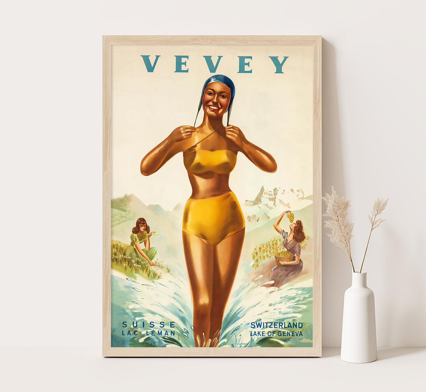 Vevey, Lake of Geneva, Switzerland vintage travel poster by Victor Rutz, 1940s.