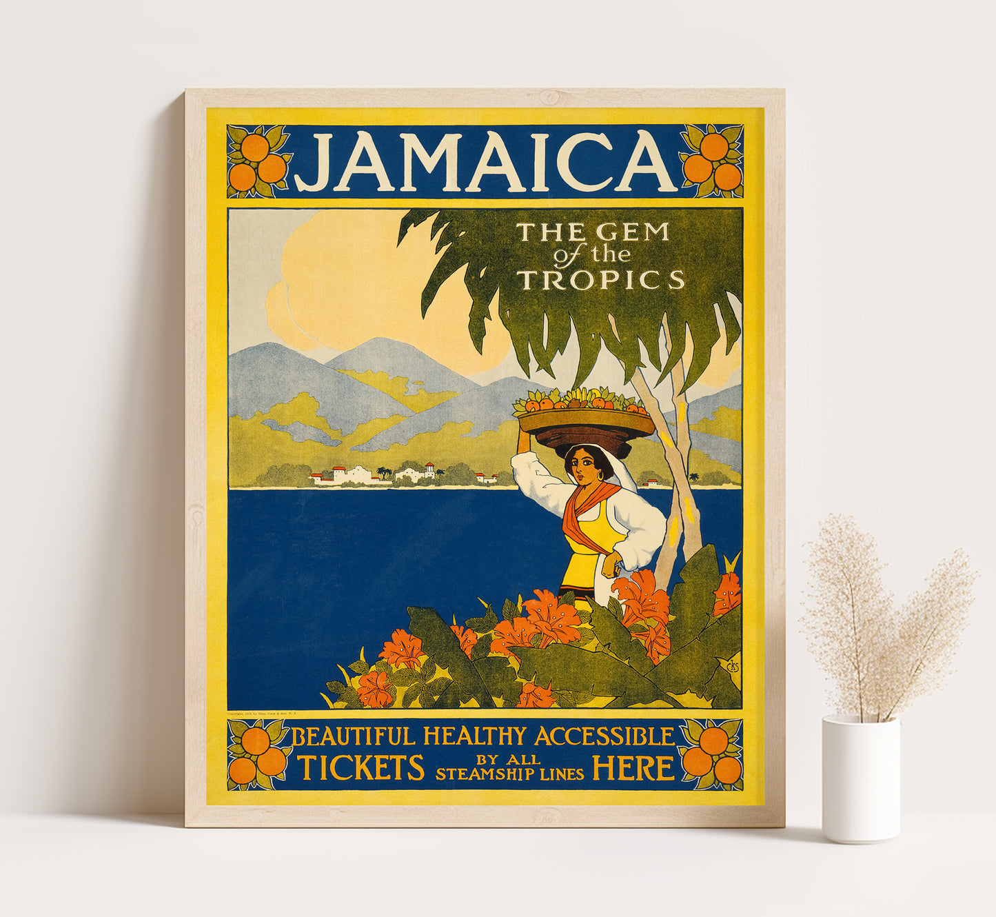 Woman carrying a fruit basket, Jamaica vintage travel poster by Thomas Cook, 1910.