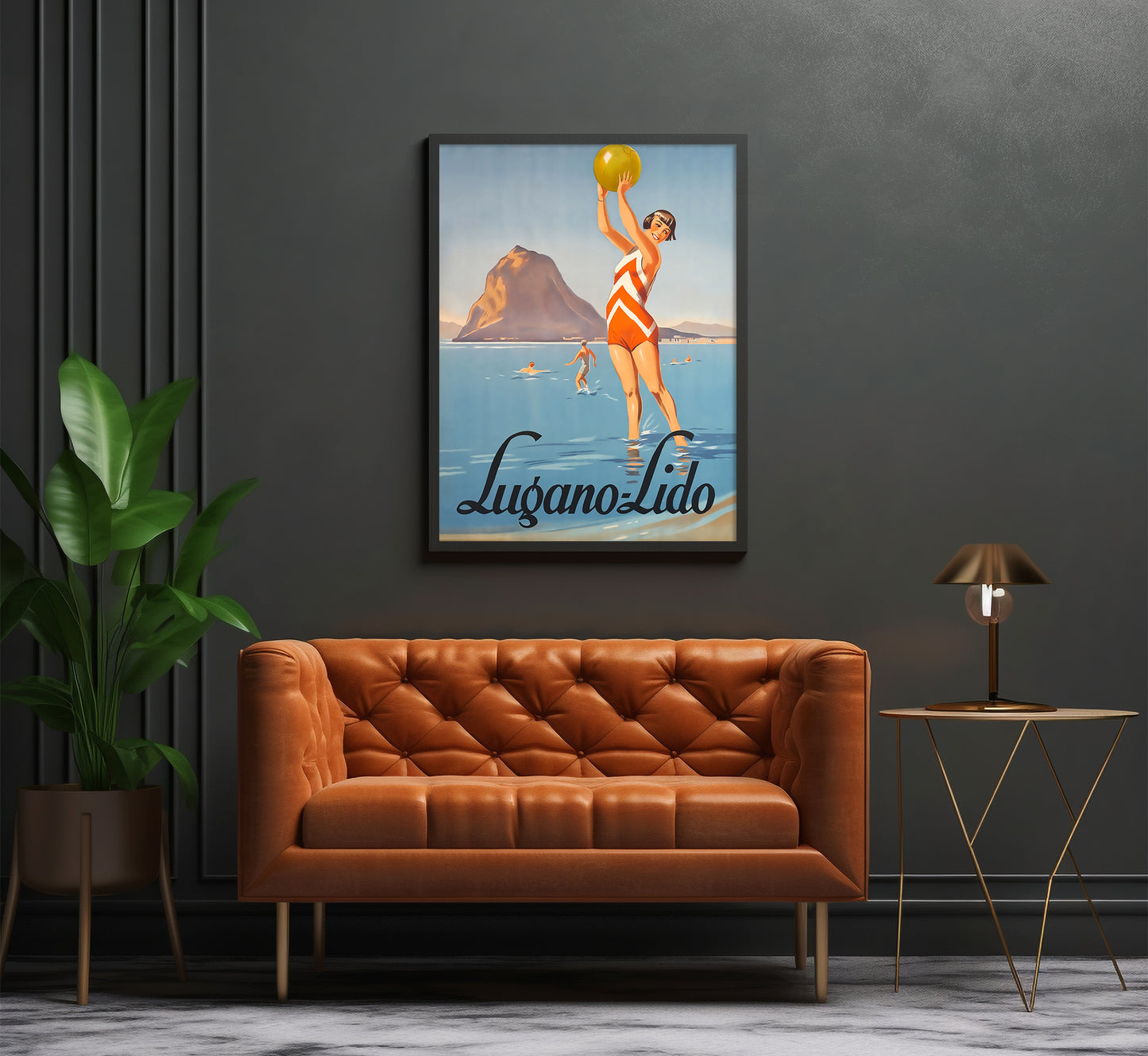 Lugano Lido beach, Switzerland vintage travel poster by unknown author, c. 1930.