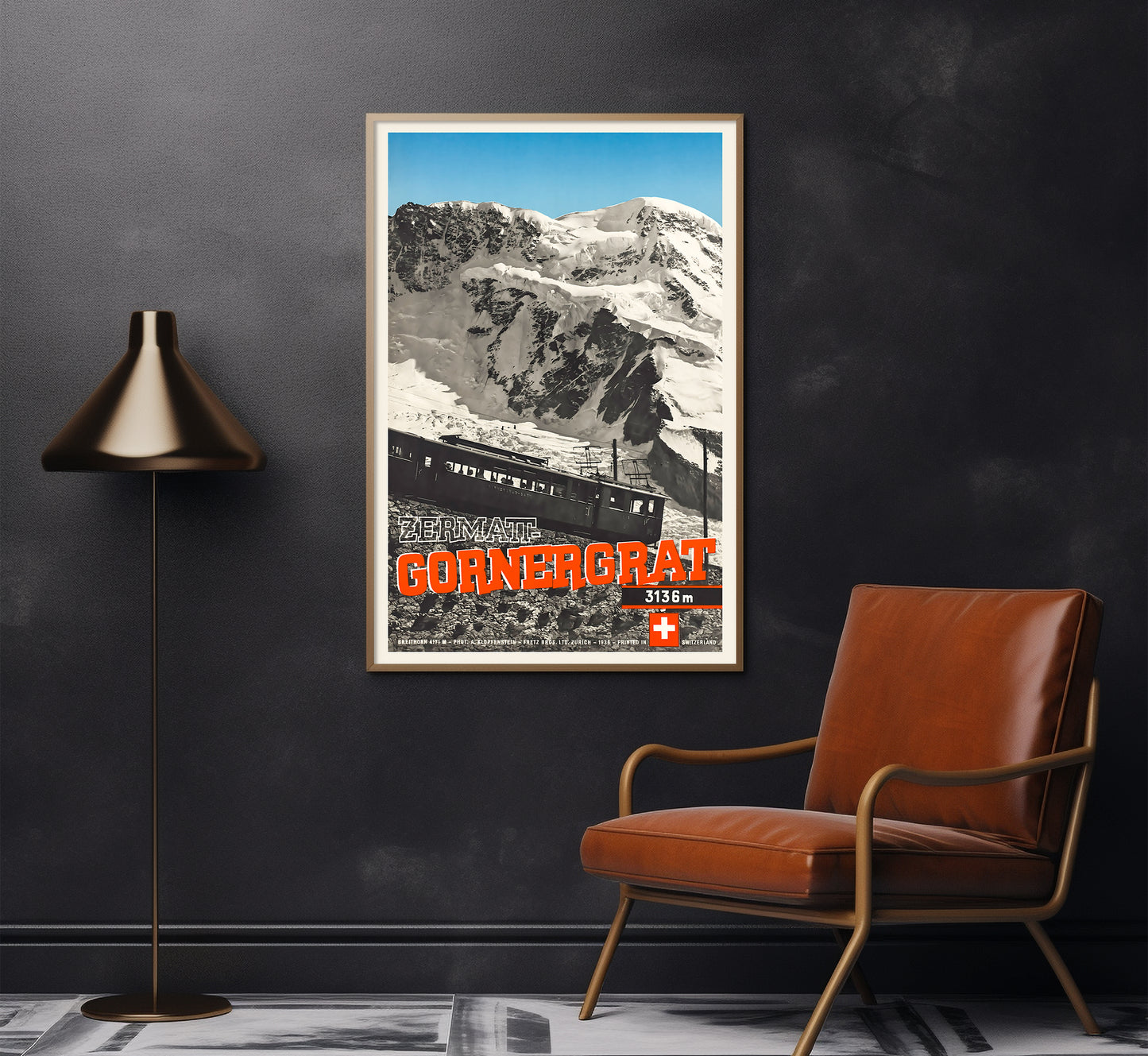 Zermatt, Gornergrat, Switzerland vintage travel poster by A. Klopfenstein, 1936.