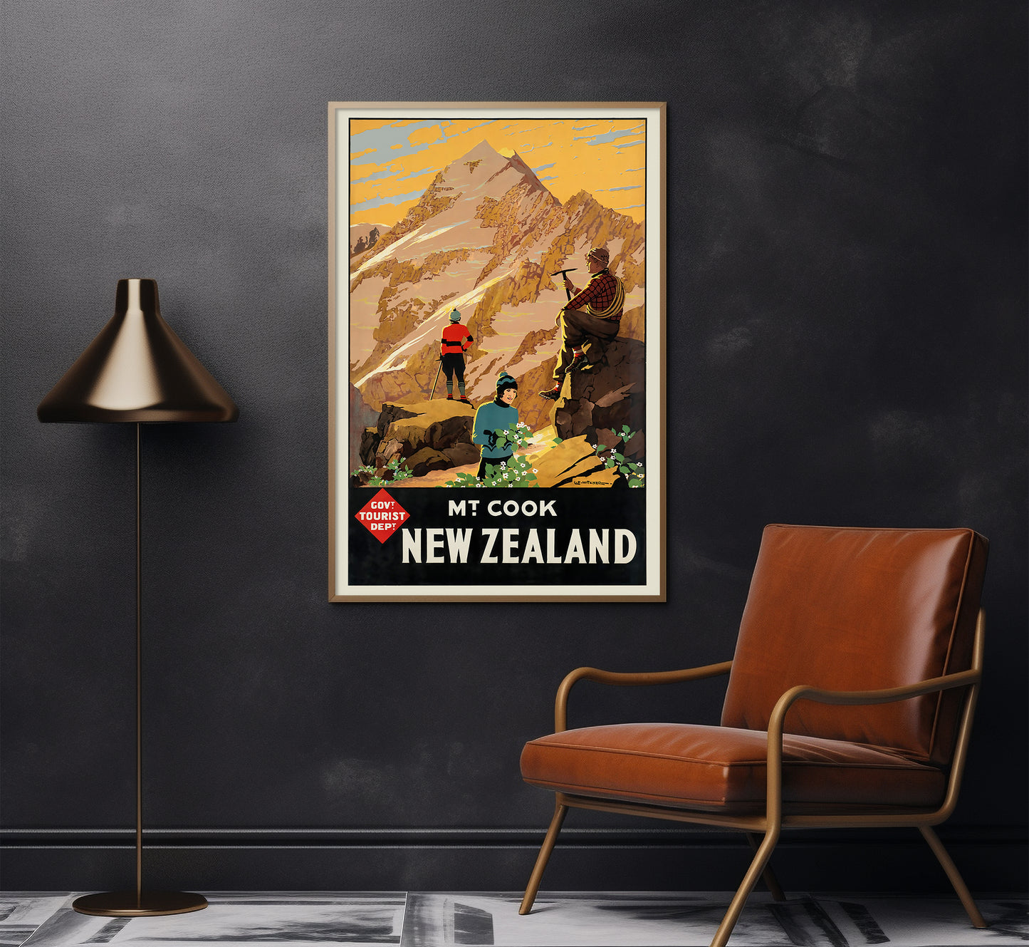 Mount Cook, New Zealand vintage travel poster by L. C. Mitchell, mid-1900s.