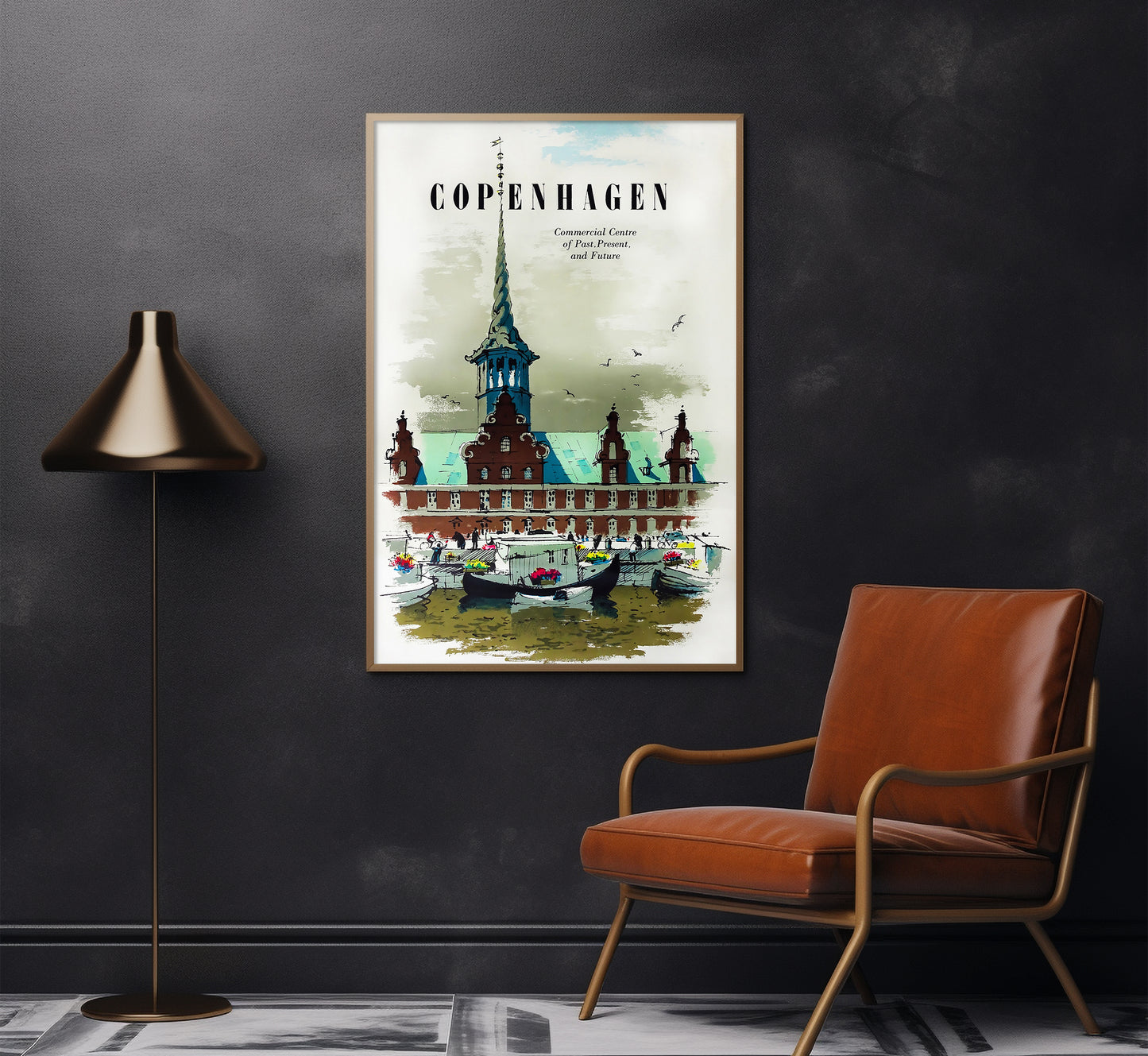 Copenhagen, Commercial center of past, present and future, Denmark vintage travel poster by unknown author, c. 1930s.