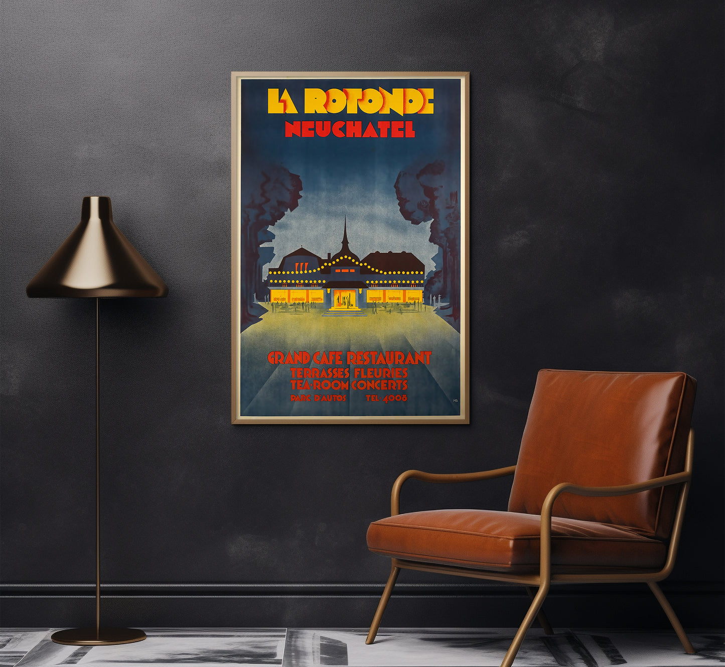 Highly collectable La Rotonde Neuchatel Switzerland vintage travel poster by Monogram, c. 1925.