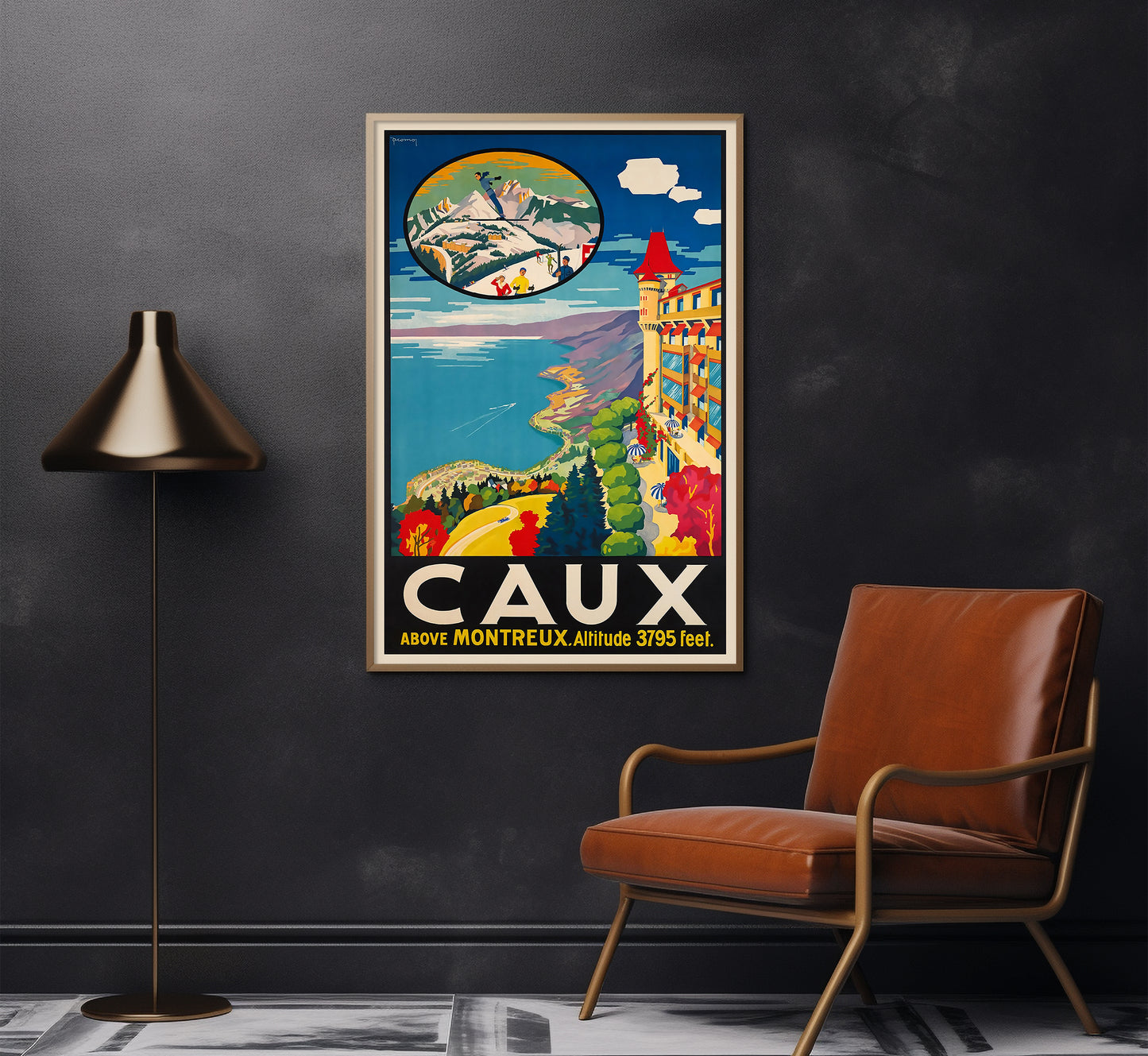 Highly collectable Caux above Montreux, Switzerland vintage travel poster by Jacomo Muller, c. 1925.