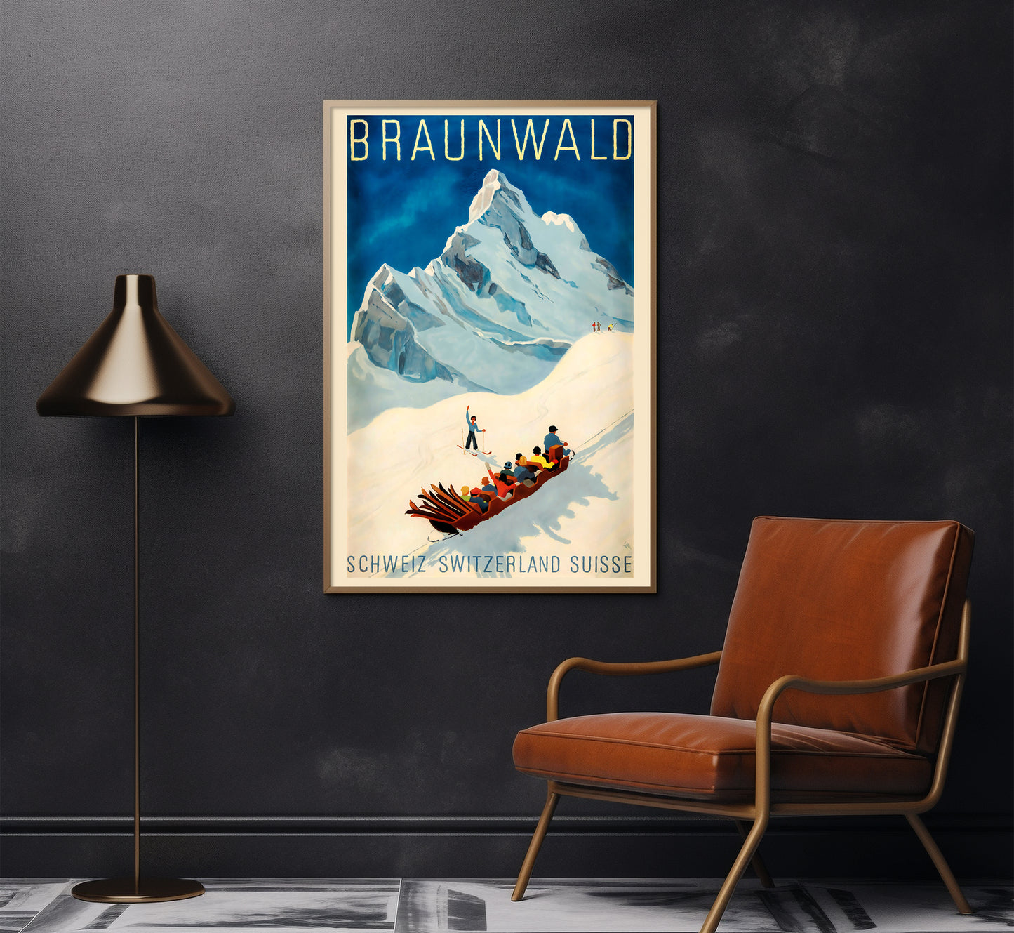 Braunwald Switzerland vintage travel poster by Alex Walter Diggelmann, c. 1943.