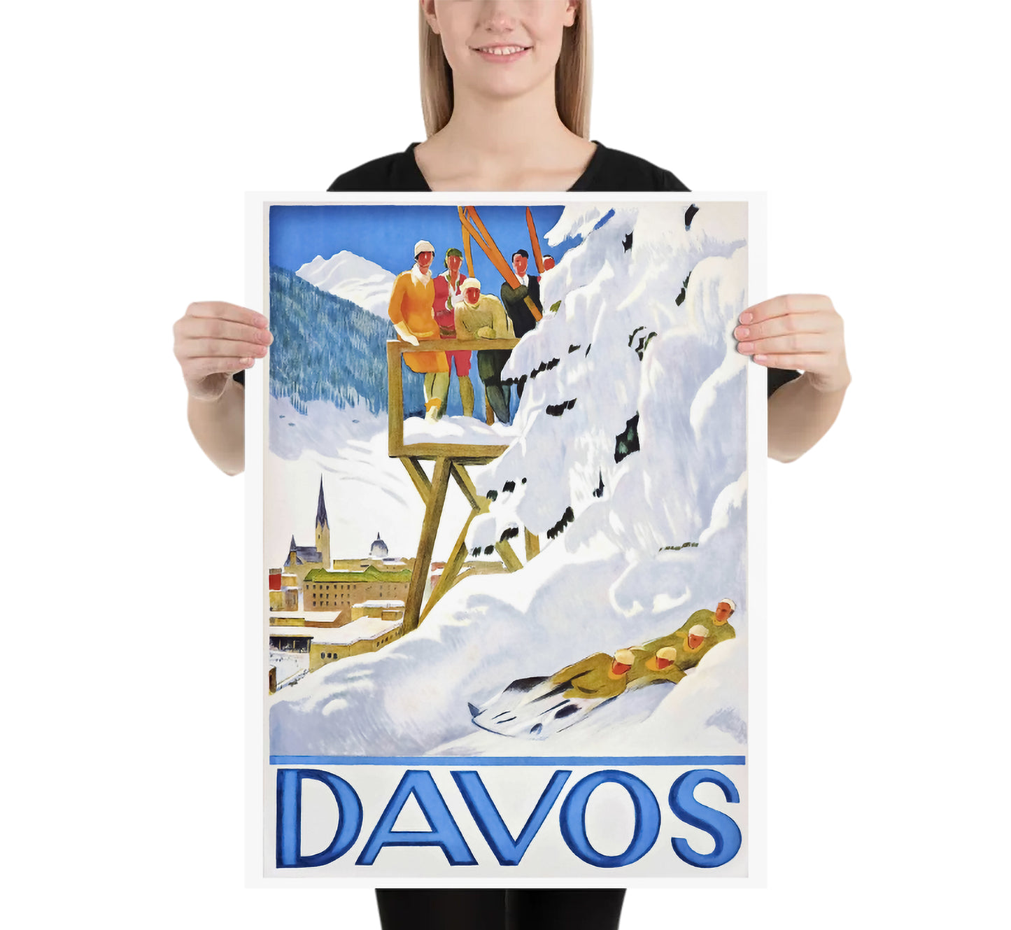 Davos, Swiss Alps, Switzerland vintage travel poster by Emil Cardinaux, 1930s.