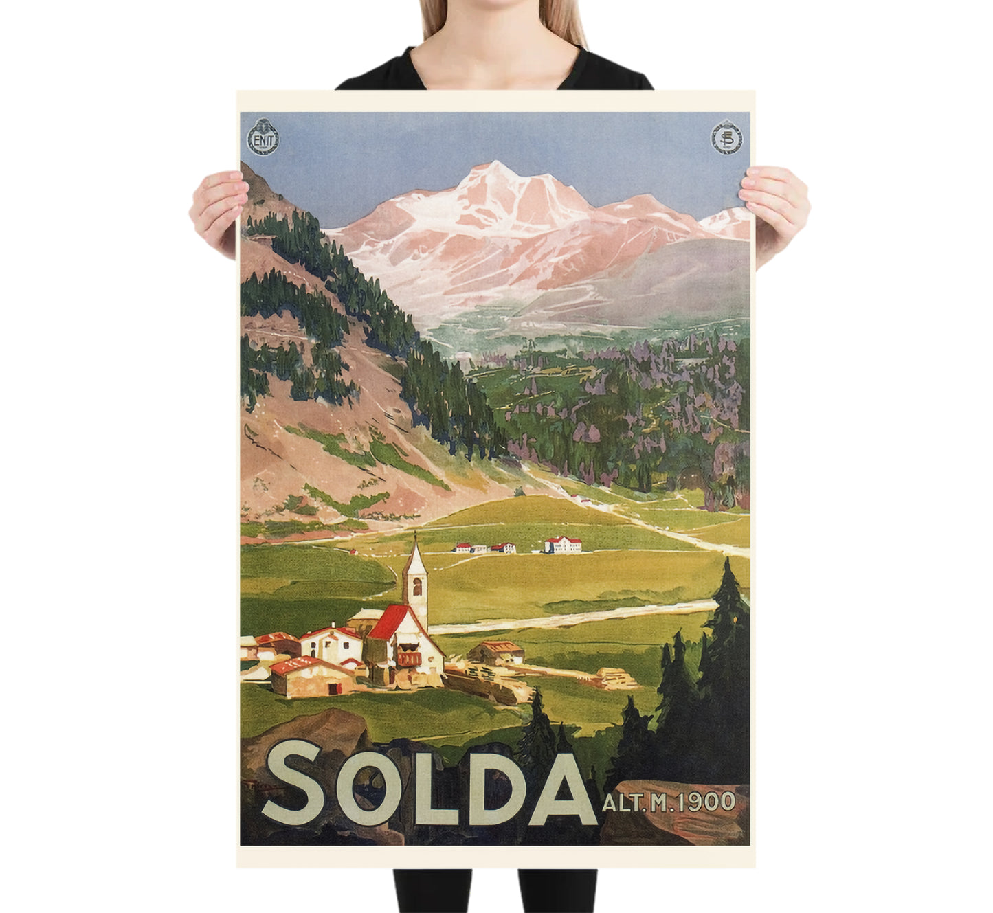 ENIT Solda Italy, Sulden, Bolzano, South Tyrol vintage travel poster by Enrico Grimaldi, 1928.