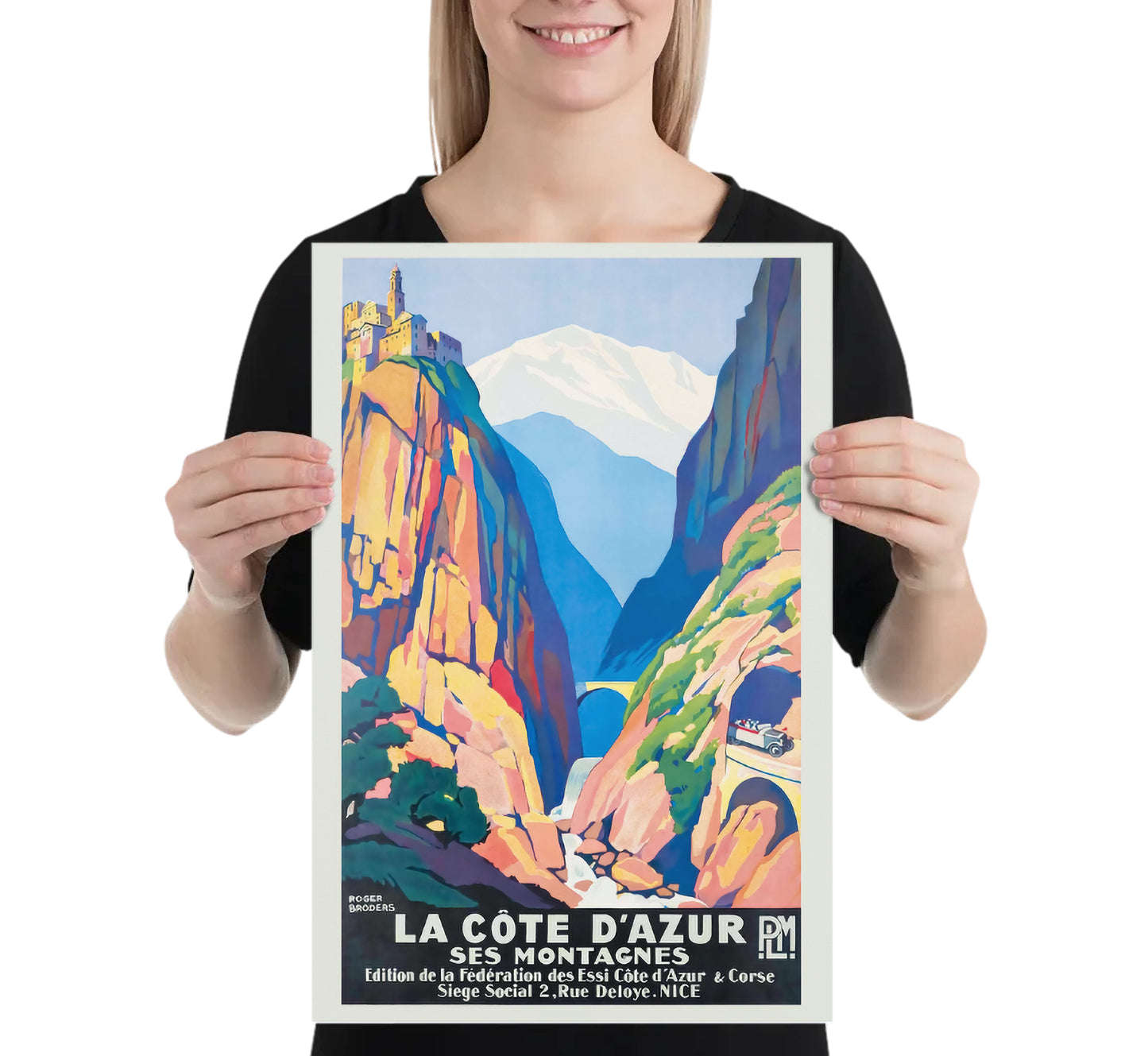 PML La Cote d'Azur Ses Montagnes vintage travel poster by Roger Broders.