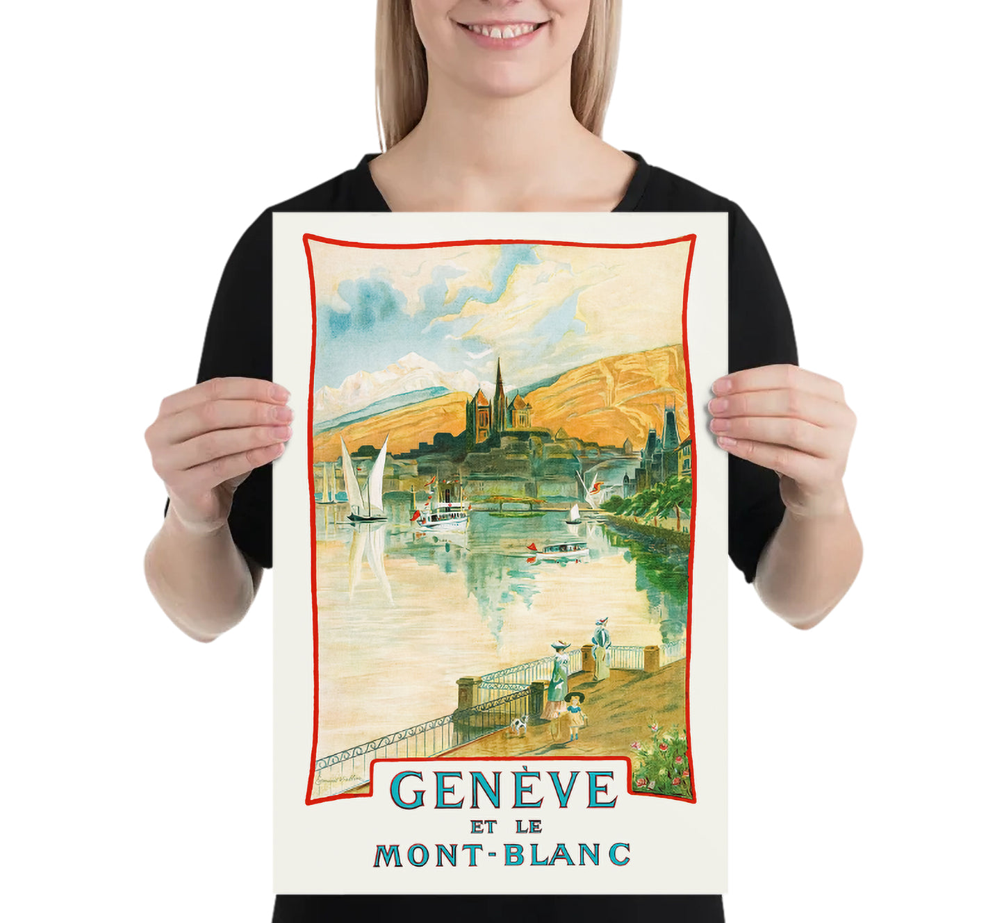 Lake of Geneva, Mont Blanc, Switzerland vintage travel poster by Edmond Viollier, 1905.