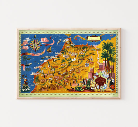 Map of Morocco vintage poster by Lucien Boucher, 1940s.
