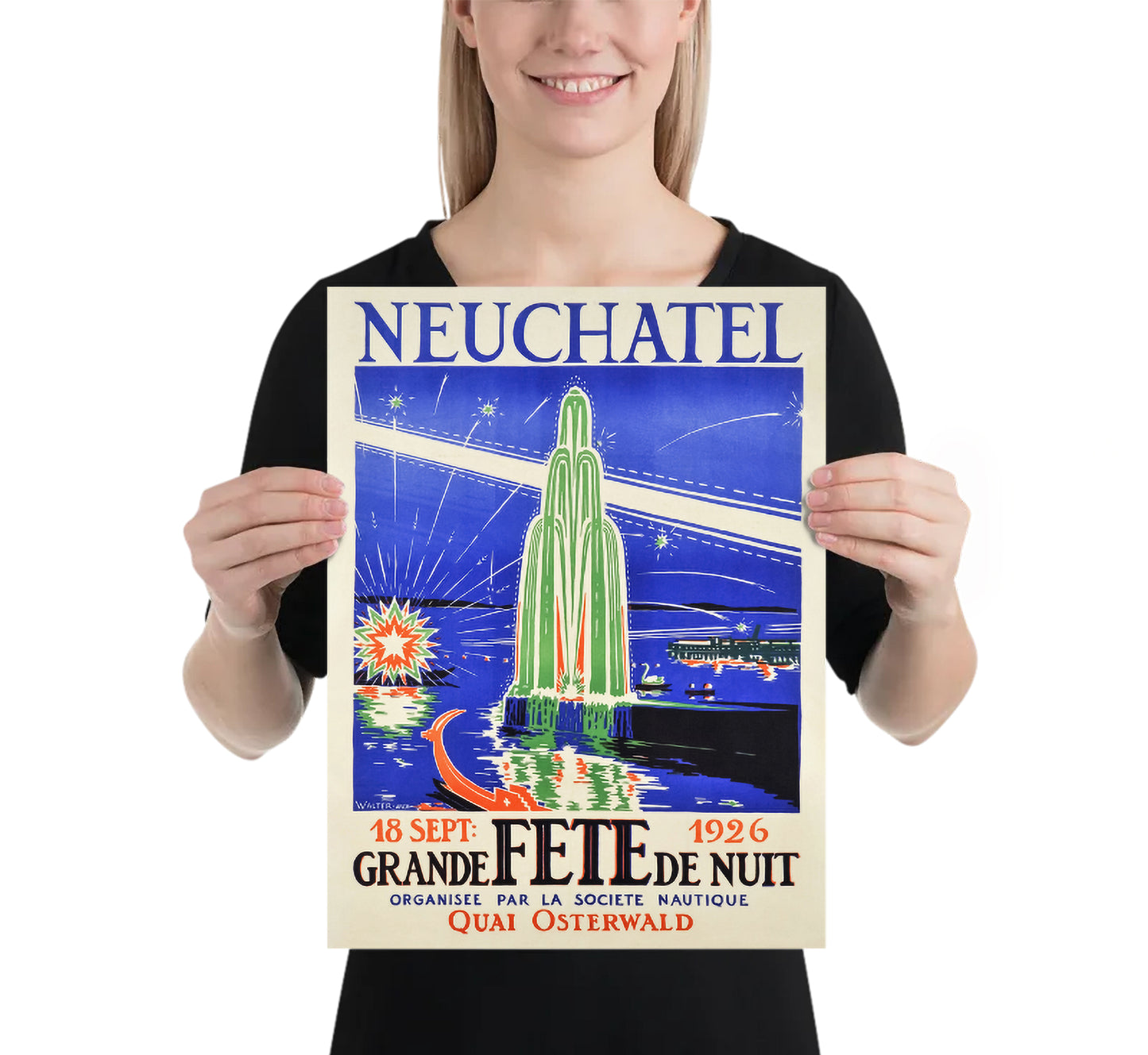 Extremely rare Art Deco Neuchatel Switzerland vintage poster by Arch Walter, 1926.