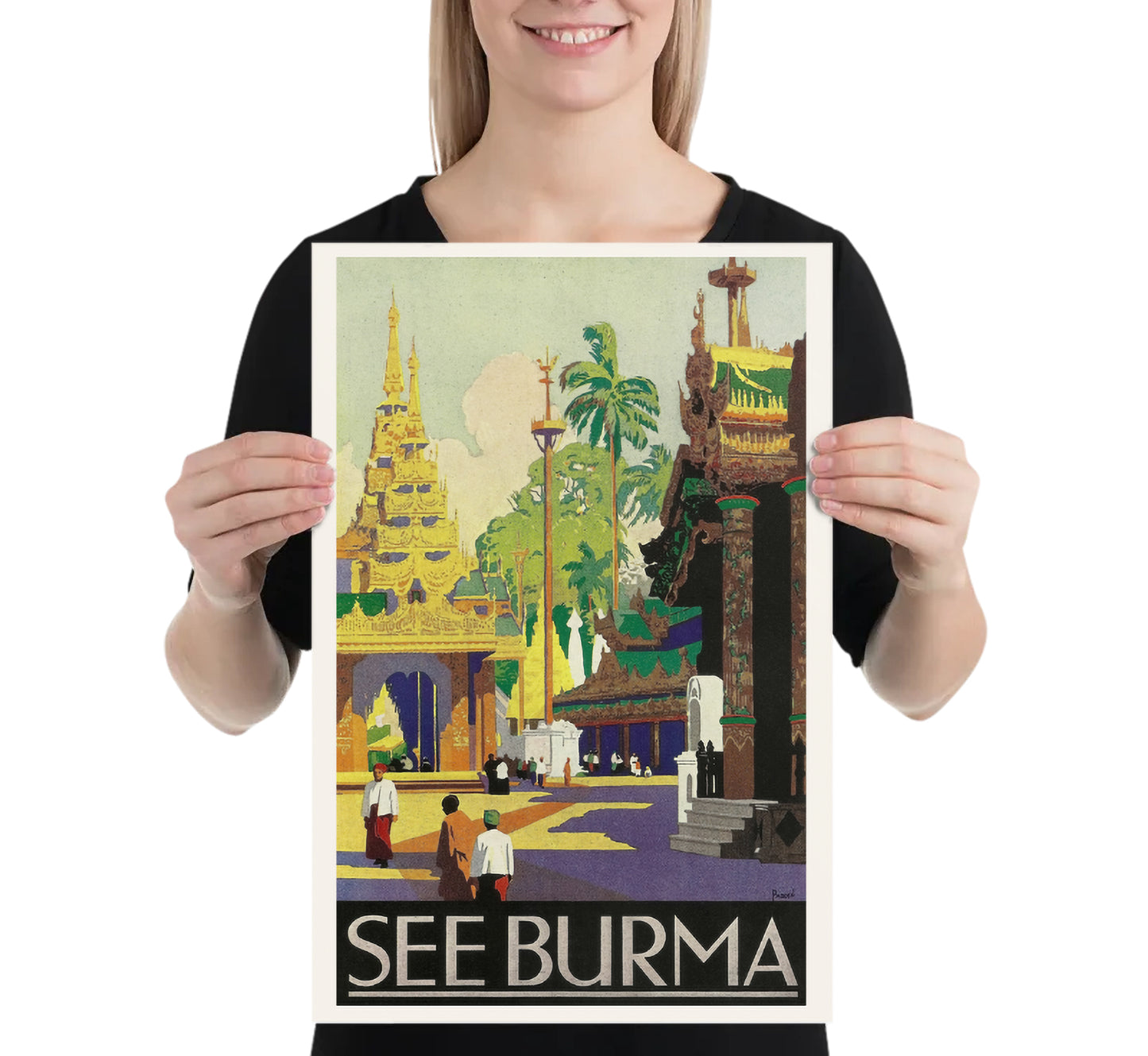 See Burma, India vintage travel poster by Percy Padden, 1930s.