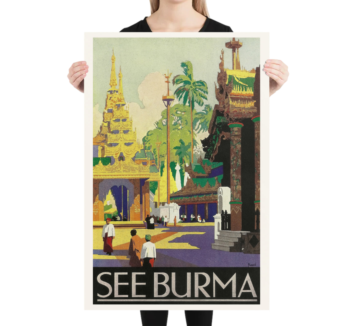 See Burma, India vintage travel poster by Percy Padden, 1930s.