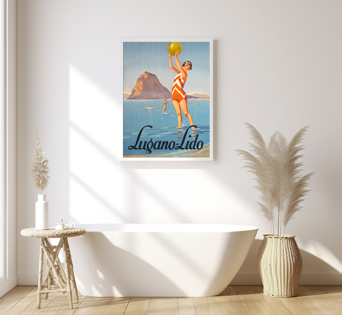 Lugano Lido beach, Switzerland vintage travel poster by unknown author, c. 1930.