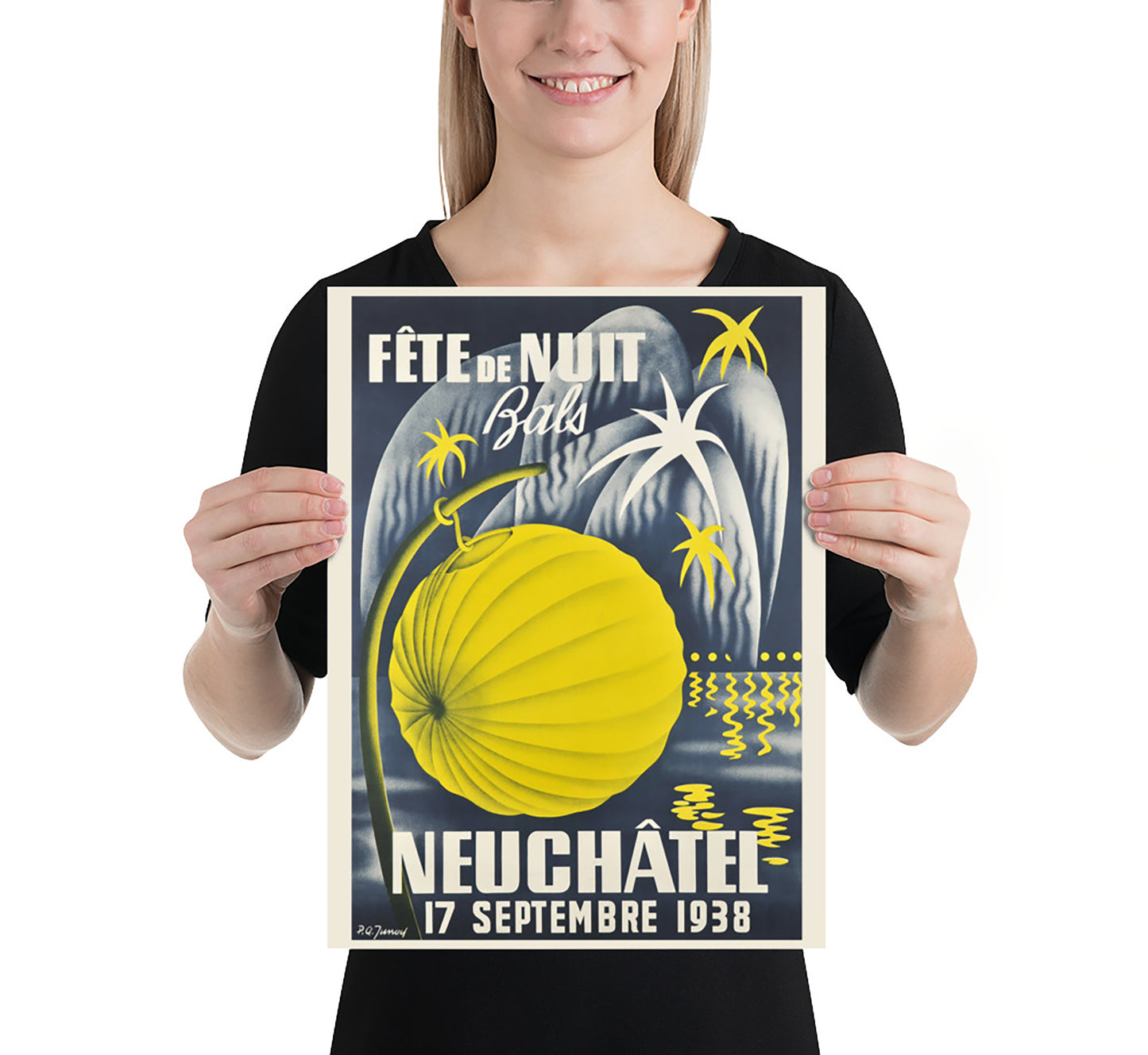 Extremely rare Art Deco Night Festival, Neuchatel 1926 Switzerland vintage travel poster by Pierre-Alexandre Junod, 1926.