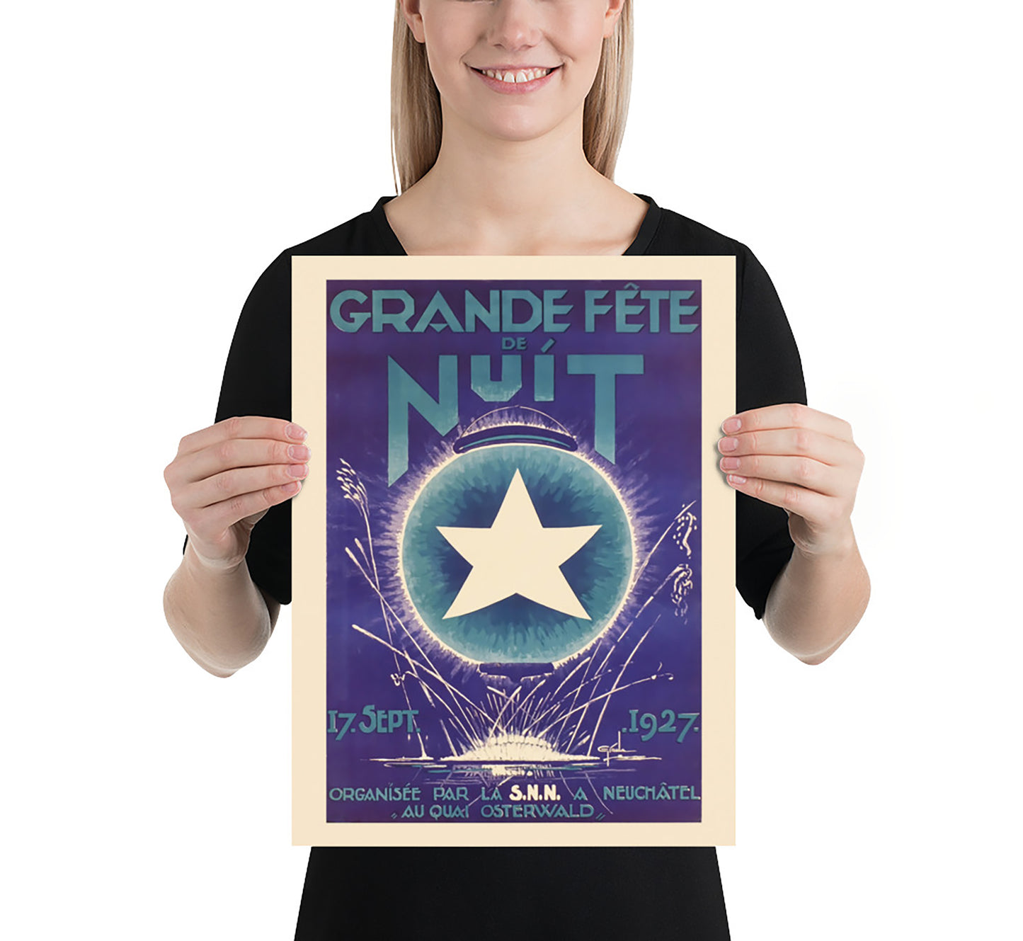 Extremely rare Night Festival Neuchatel vintage travel poster by Girola, c. 1927.