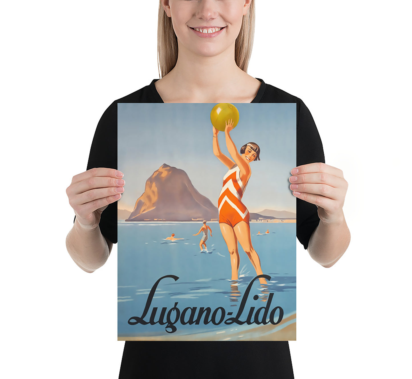 Lugano Lido beach, Switzerland vintage travel poster by unknown author, c. 1930.