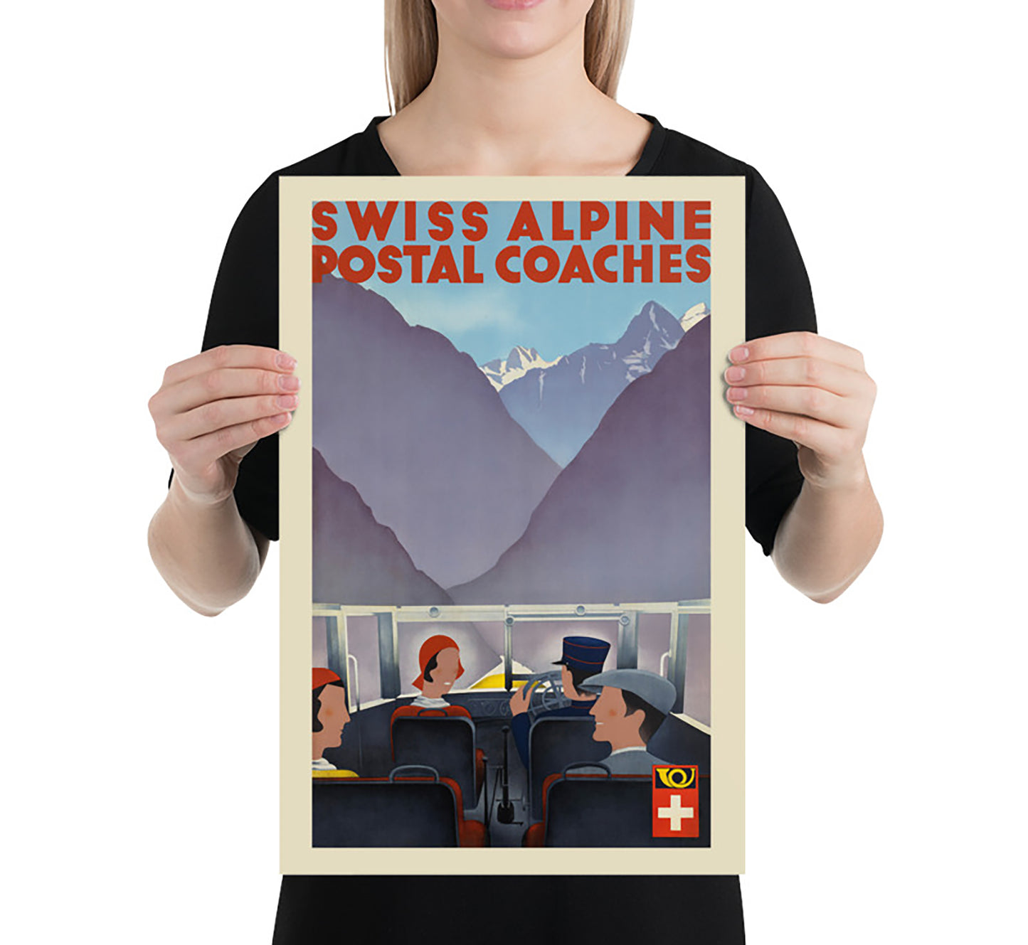 Swiss Alpine Postal Coaches, Switzerland vintage travel poster by CK, 1910-1959.