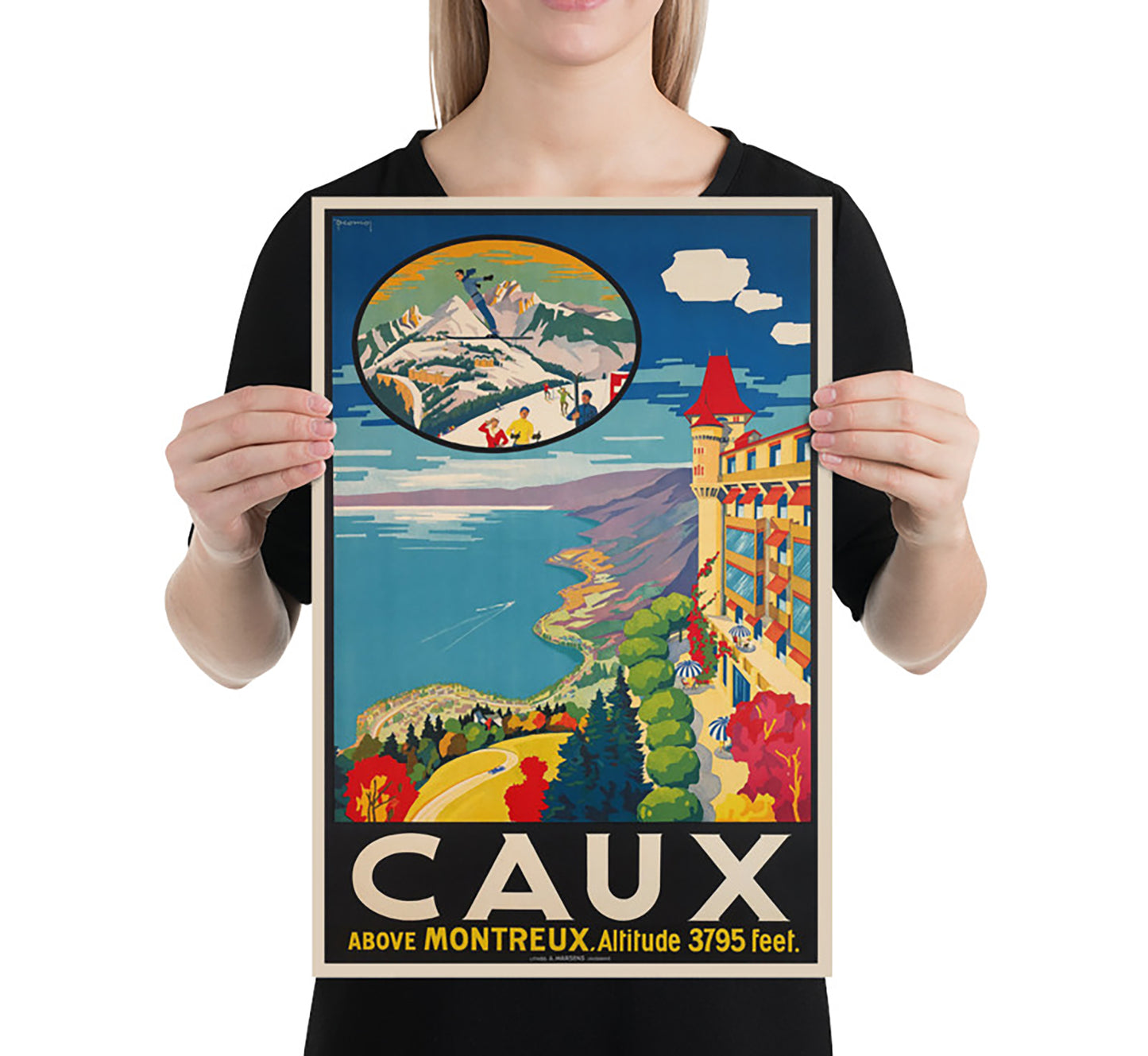 Highly collectable Caux above Montreux, Switzerland vintage travel poster by Jacomo Muller, c. 1925.