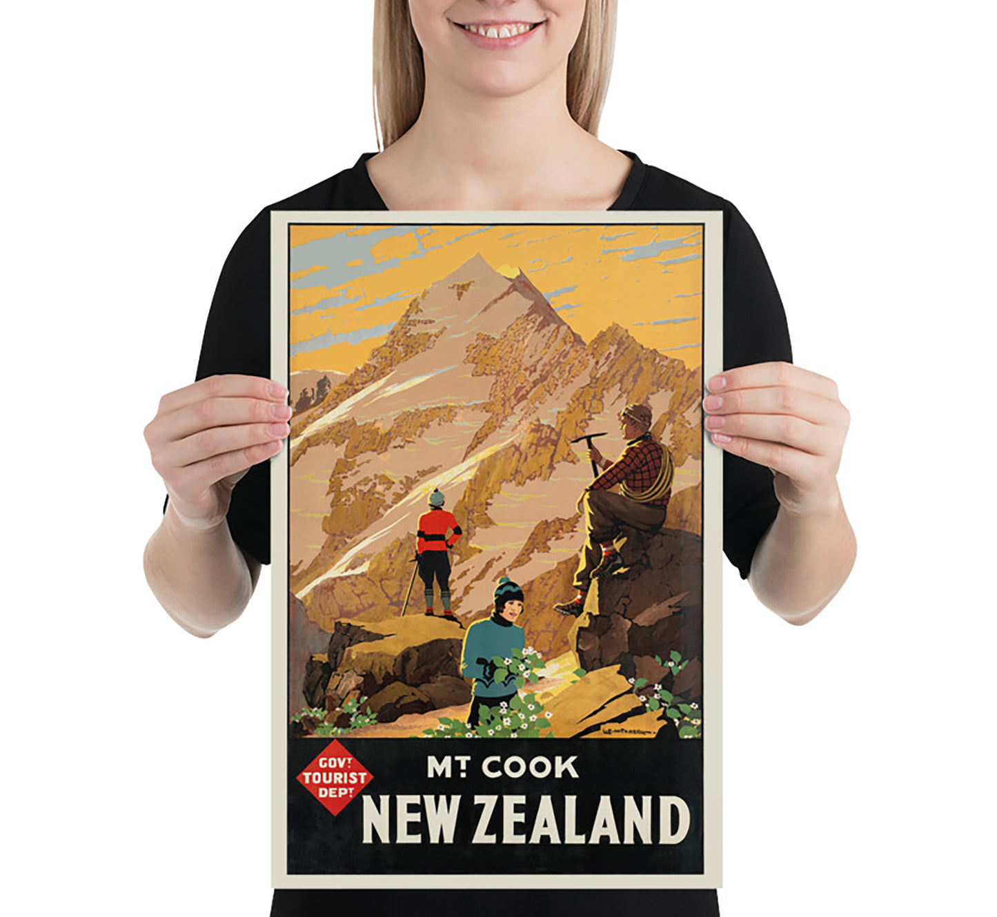 Mount Cook, New Zealand vintage travel poster by L. C. Mitchell, mid-1900s.