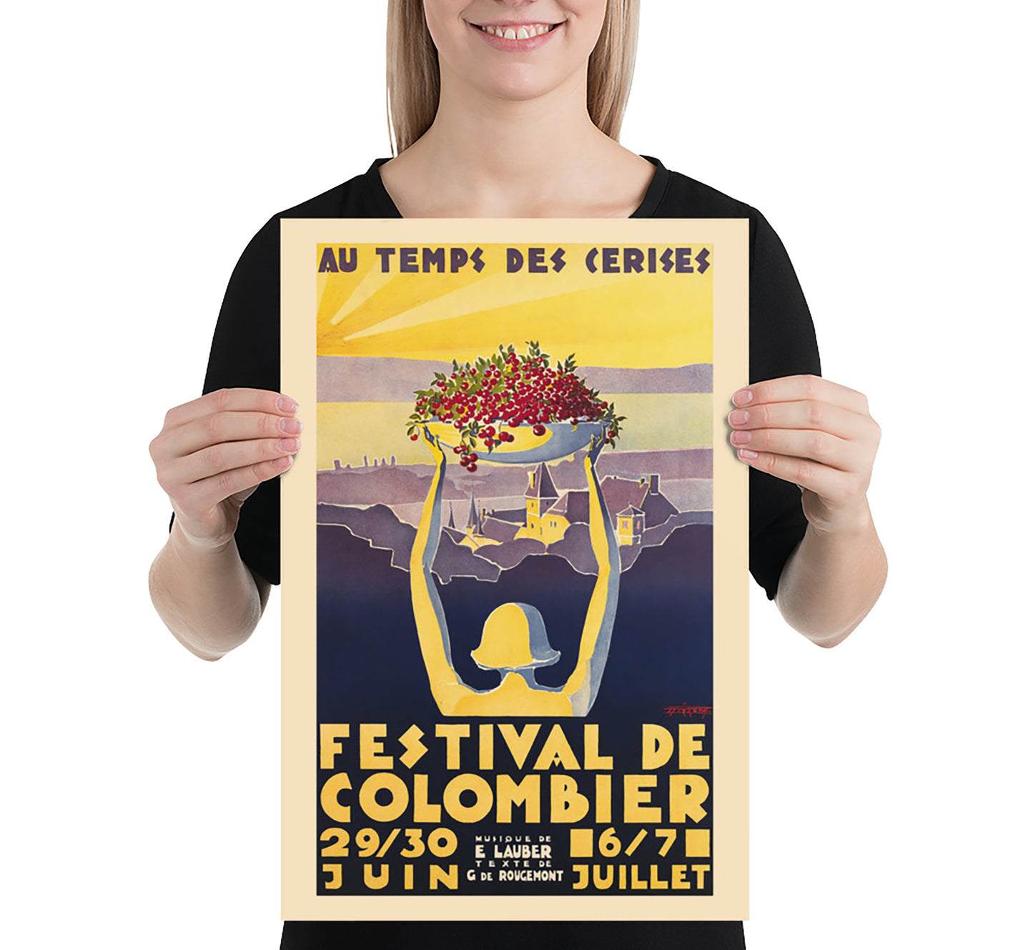 Festival de Colombier, Au temps des cerises, Switzerland vintage travel poster by Rizzera, c. 1929.