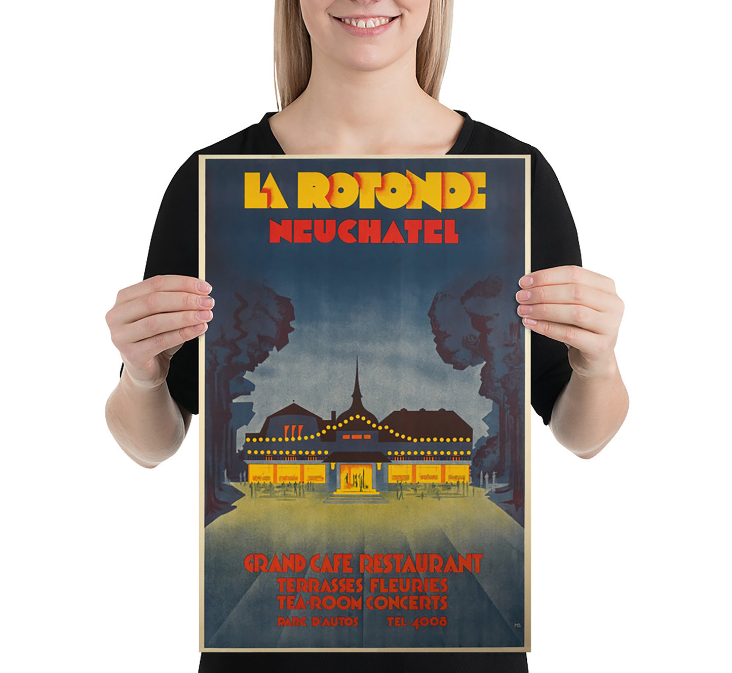 Highly collectable La Rotonde Neuchatel Switzerland vintage travel poster by Monogram, c. 1925.