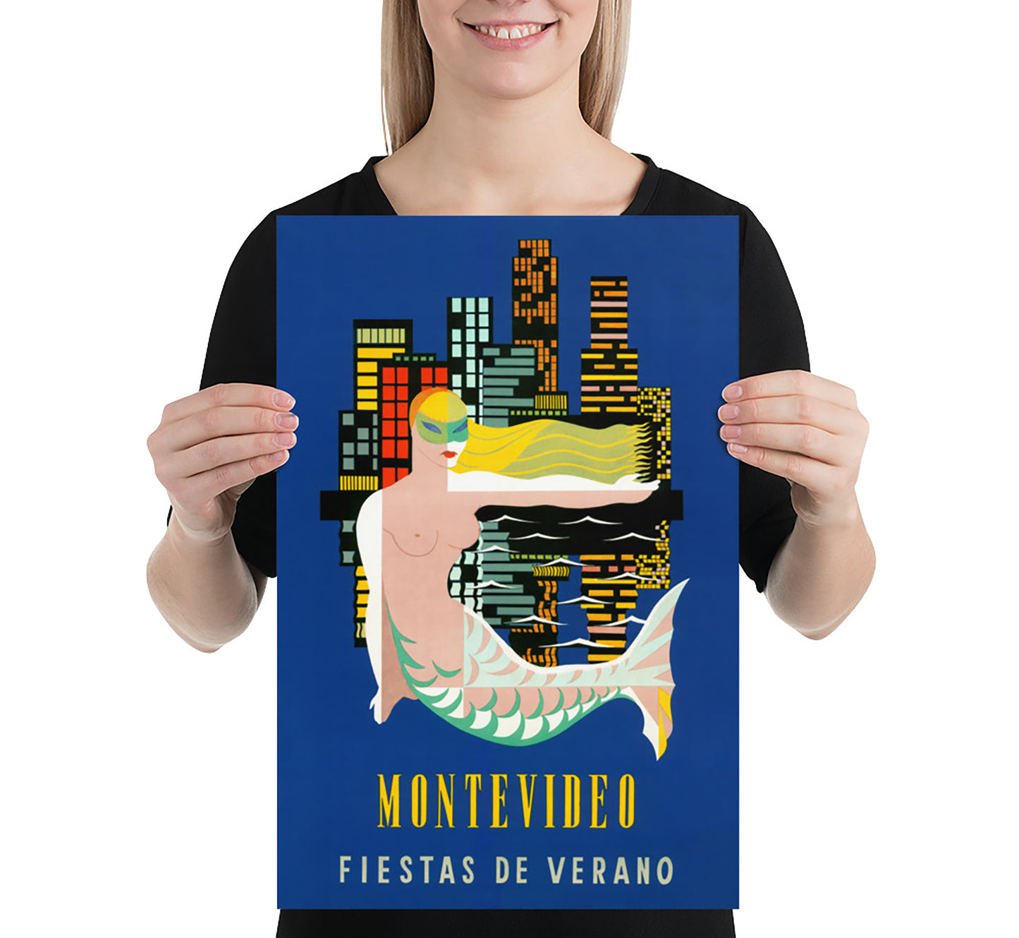 Uruguay, Montevideo vintage travel poster Fiestas de verano by L. Fayol, c. 1940s.