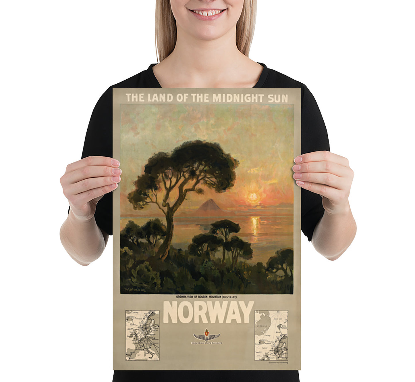 The land of the midnight sun, Norway vintage travel poster by unknown author, 1930s.