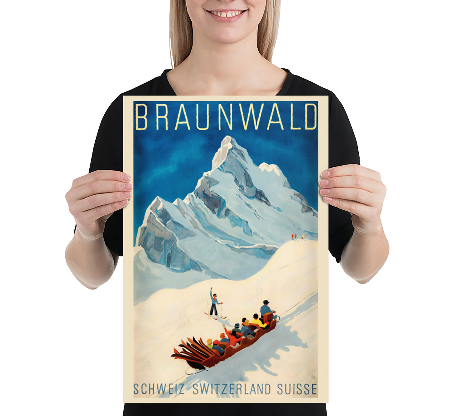 Braunwald Switzerland vintage travel poster by Alex Walter Diggelmann, c. 1943.