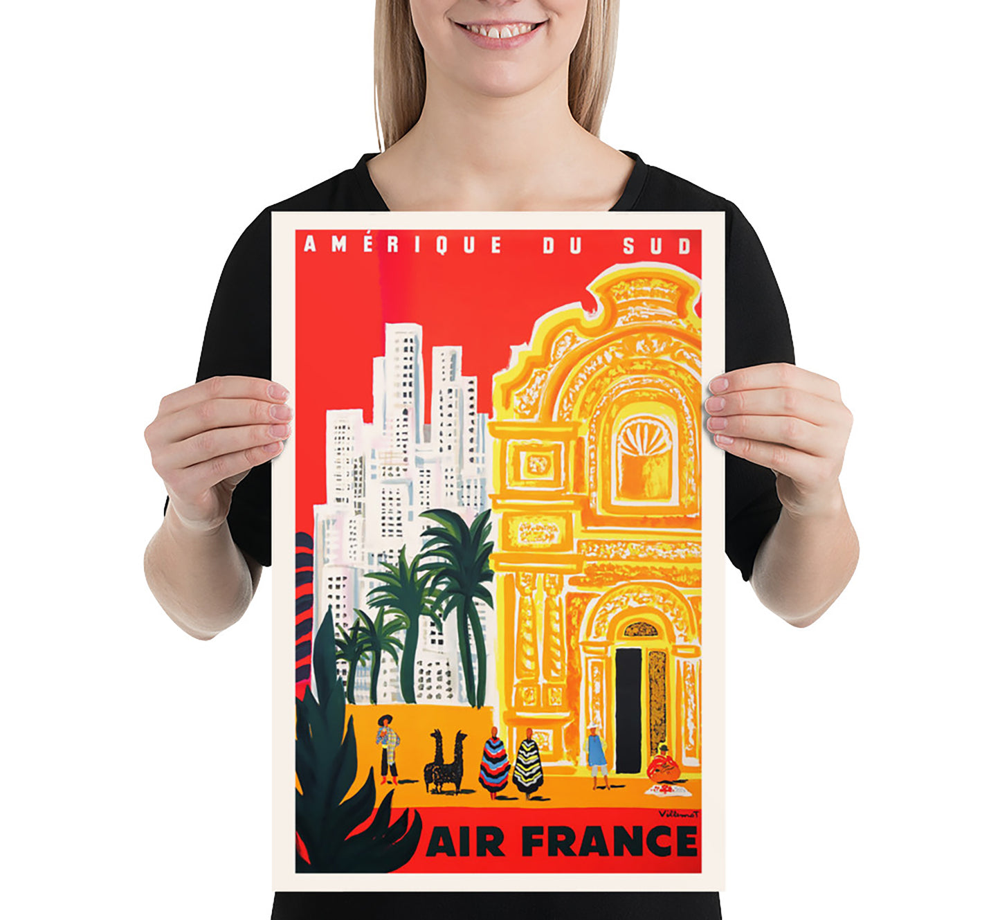 Air France to South America vintage travel poster by Villemot, c. 1910-1955.