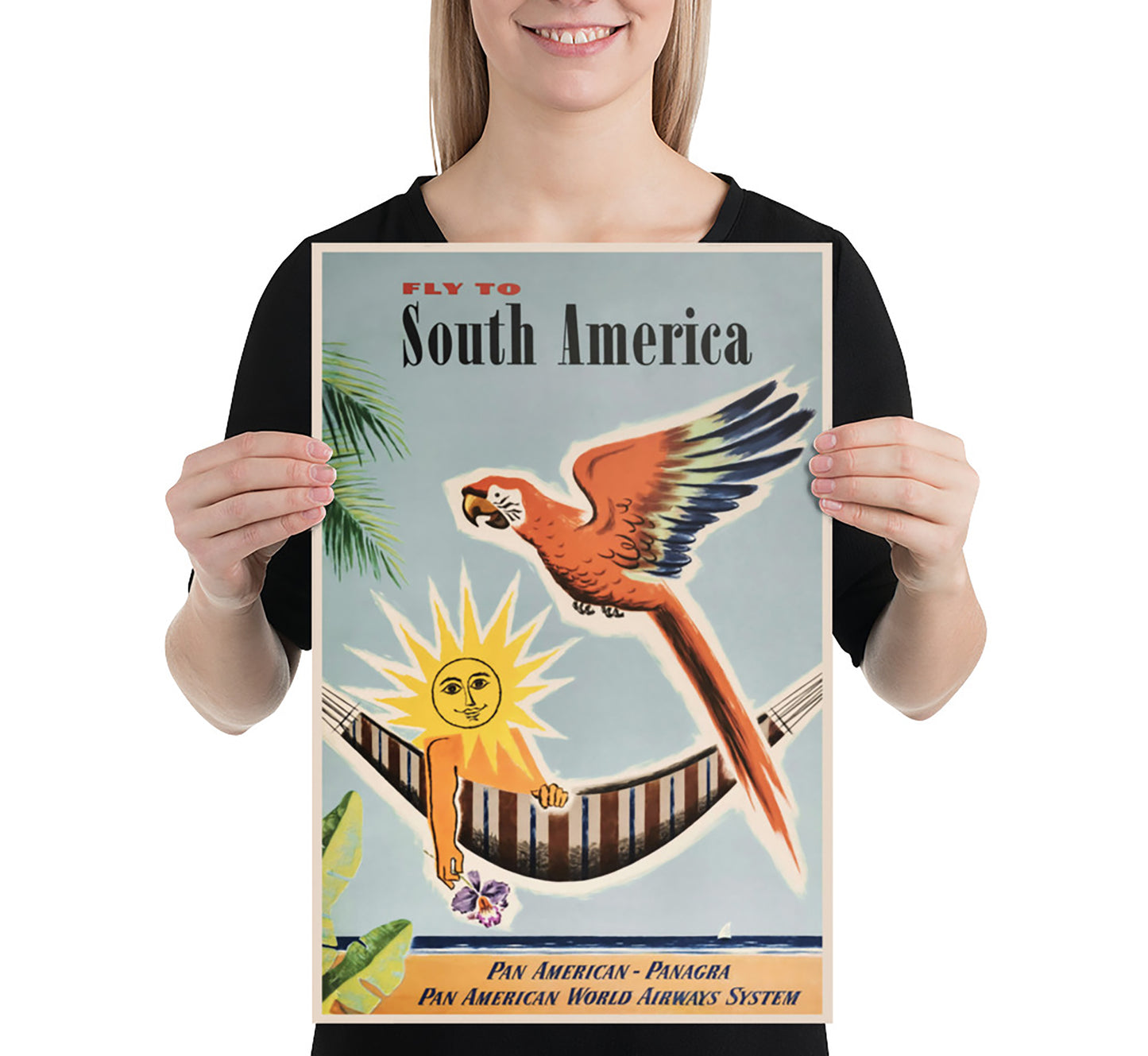 Fly to South America vintage travel poster by Jean Carlu , c. 1930s.