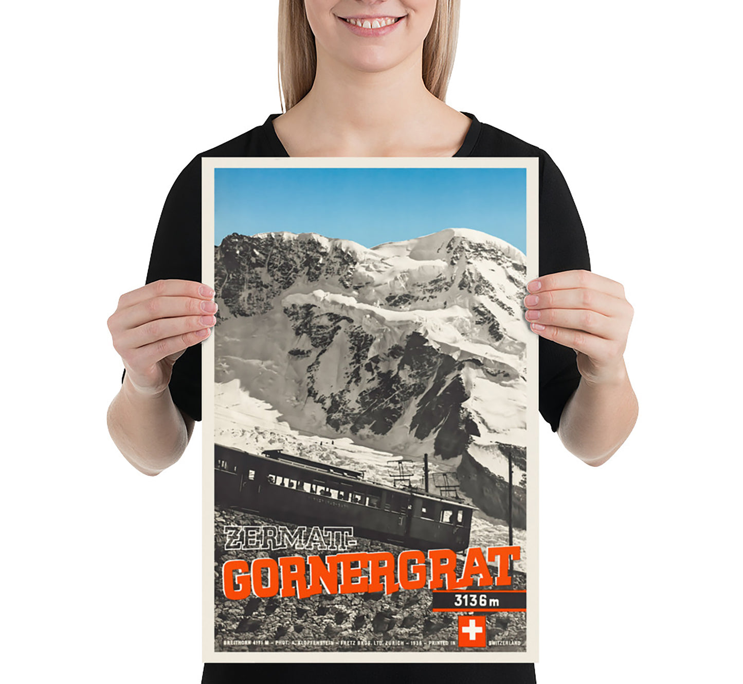 Zermatt, Gornergrat, Switzerland vintage travel poster by A. Klopfenstein, 1936.