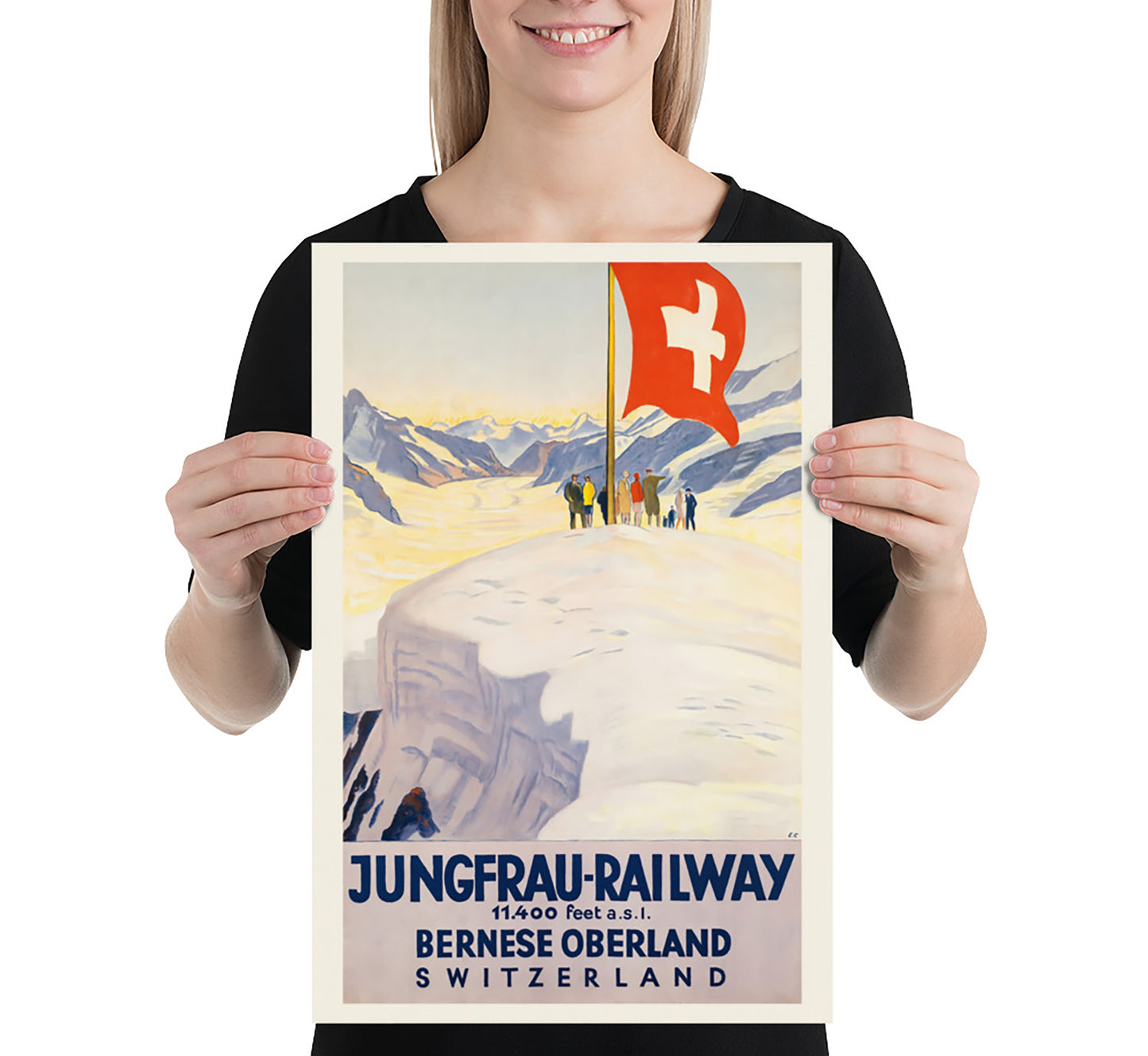 Jungfrau Railway, Bernese Oberland, Switzerland vintage travel poster by E.C, 1910-1959.