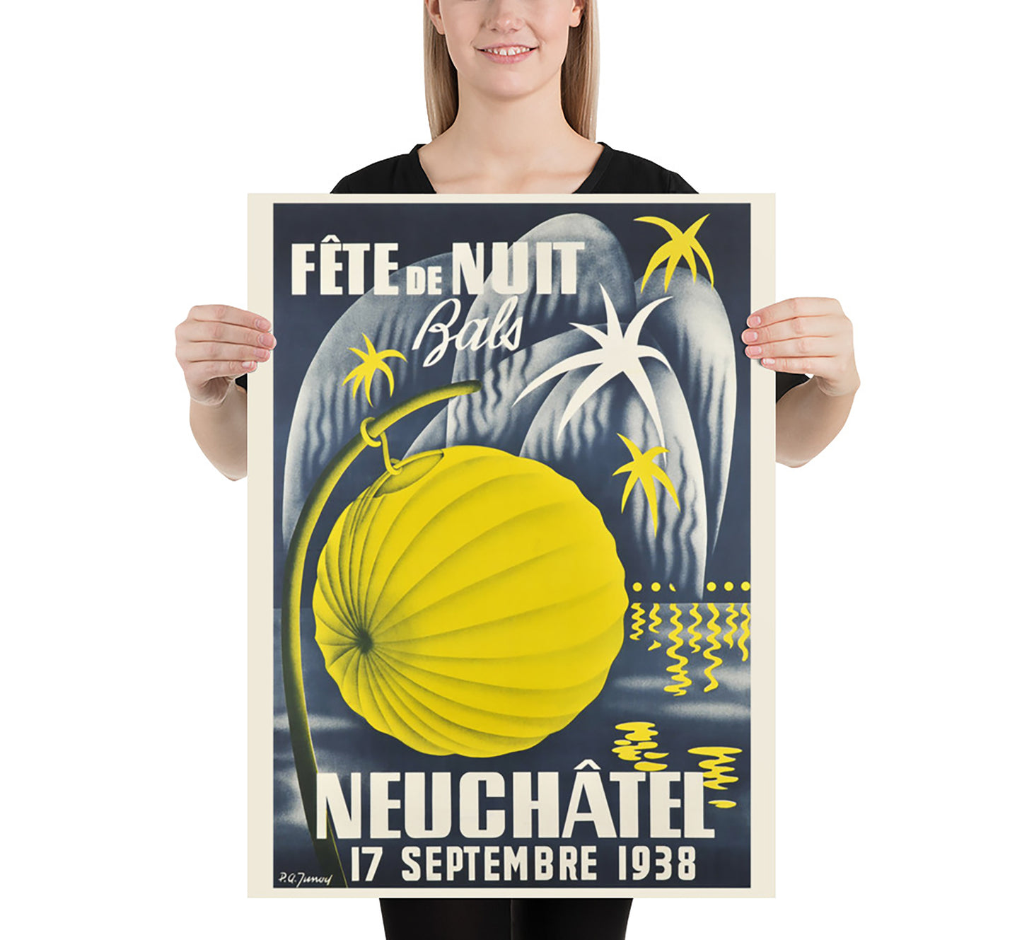 Extremely rare Art Deco Night Festival, Neuchatel 1926 Switzerland vintage travel poster by Pierre-Alexandre Junod, 1926.