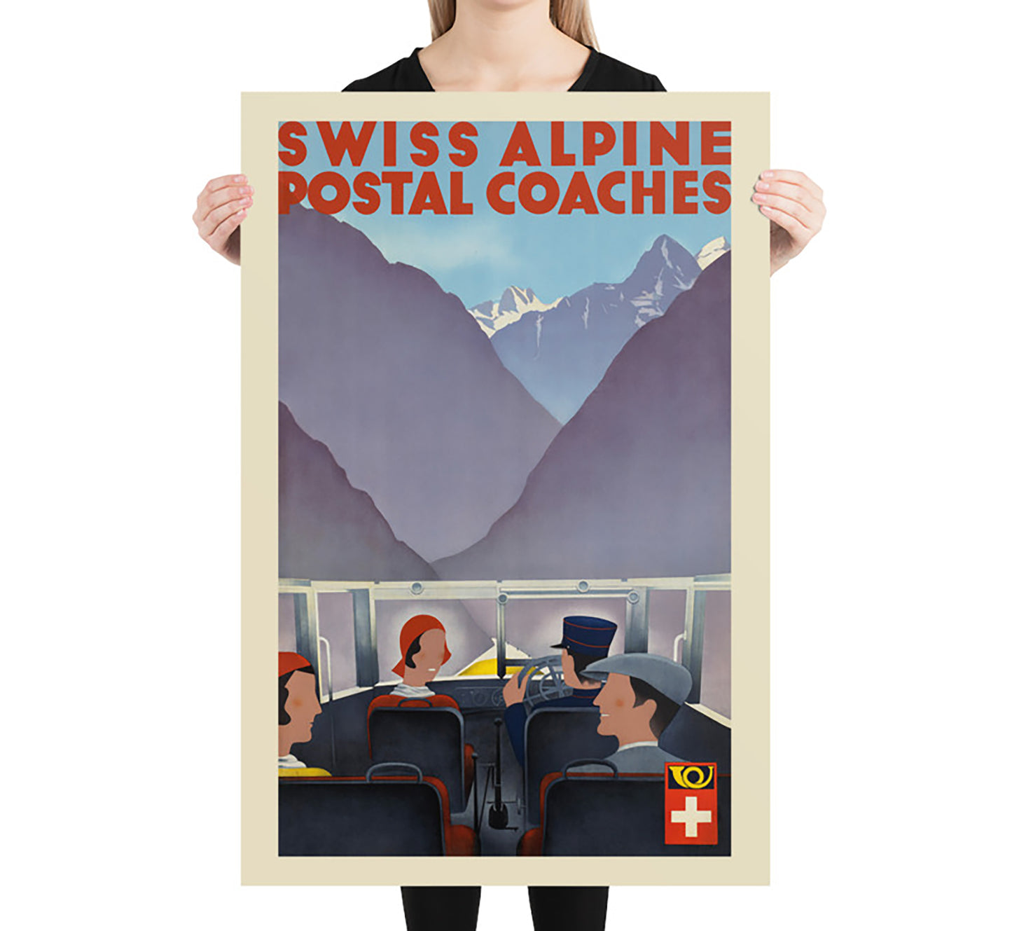 Swiss Alpine Postal Coaches, Switzerland vintage travel poster by CK, 1910-1959.