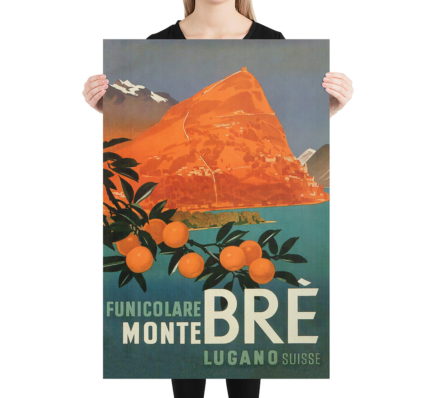Funicular Monte Bre Lugano Lake, Switzerland vintage travel poster by unknown artist, c. 1930s.
