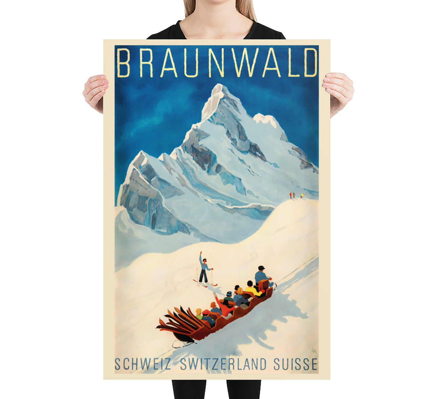 Braunwald Switzerland vintage travel poster by Alex Walter Diggelmann, c. 1943.