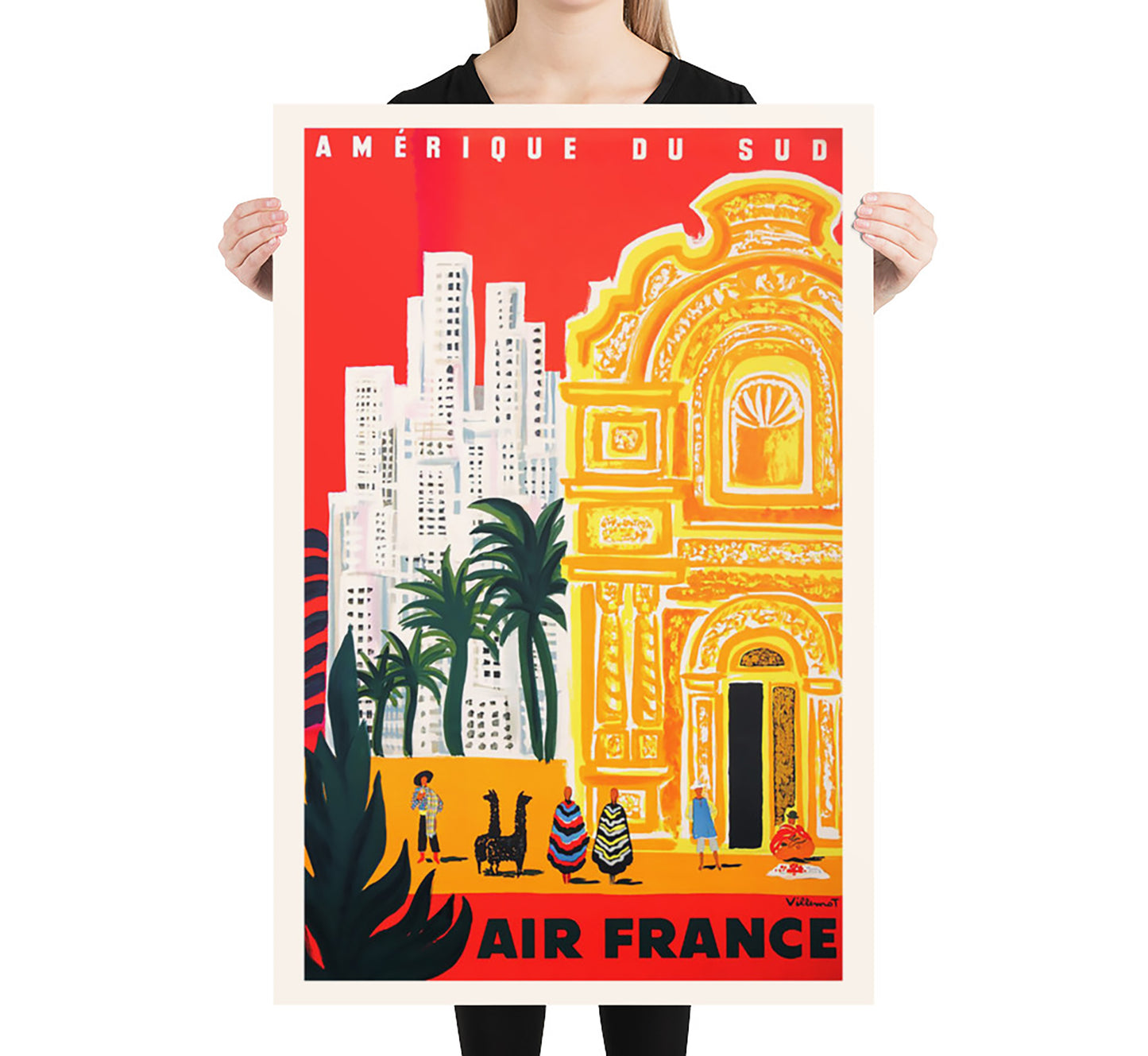 Air France to South America vintage travel poster by Villemot, c. 1910-1955.