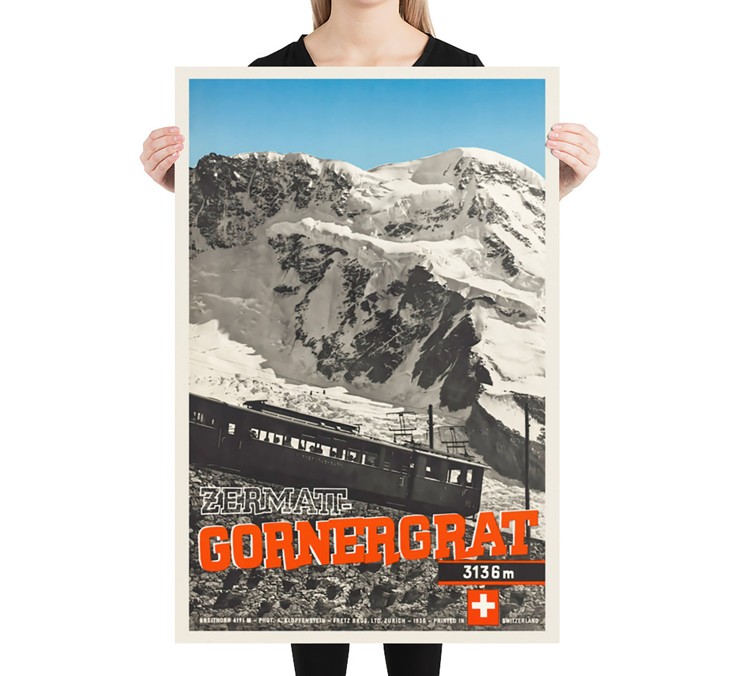 Zermatt, Gornergrat, Switzerland vintage travel poster by A. Klopfenstein, 1936.