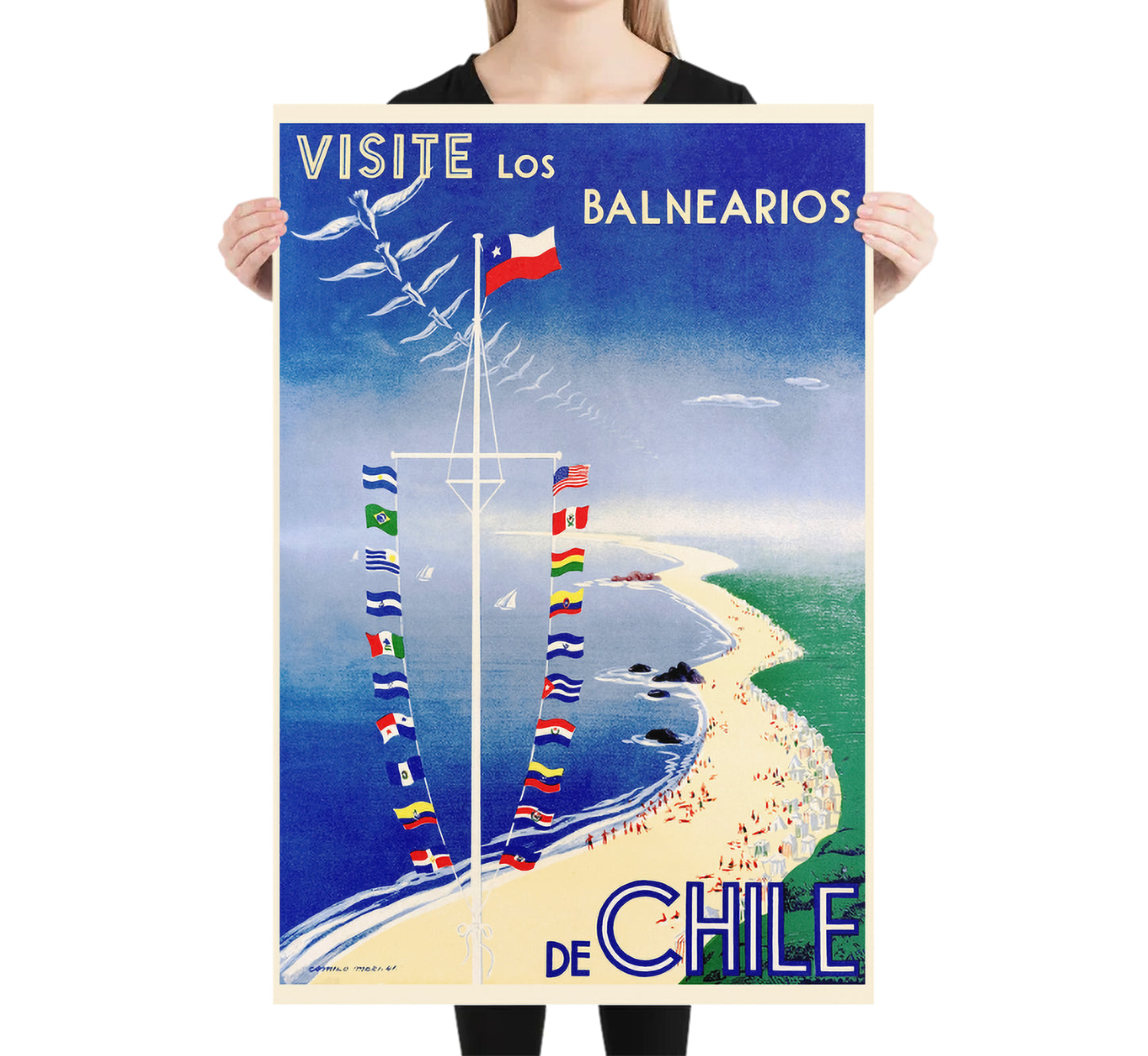 Chile vintage travel poster Visite los Balnearios de Chile by Camilo Mori, c. 1941.